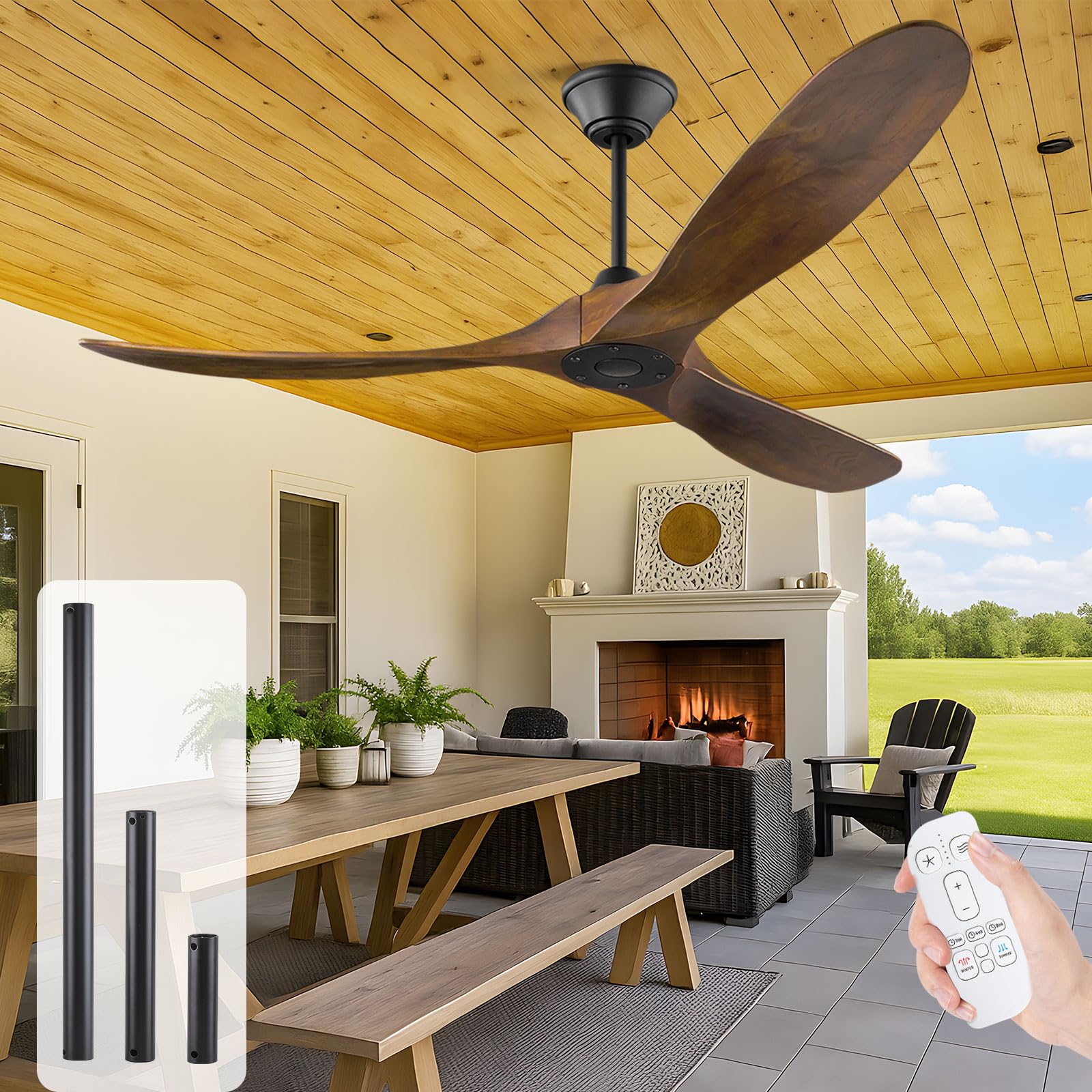 Ventilador De Techo Madera Sin Luz, 152 Cm Ventilador De Techo Con Mando A Distancia, Interior y Exterior Ventlador De Teho De HéLice De 3 Palas, 6 Velocidades Ultra Silencioso Reversible