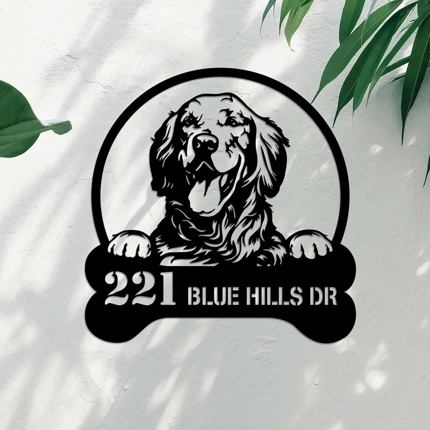 Personalized Golden Retriever Address Sign Dog House Number Metal Address Plaque Door Hanger, Custom Metal Wall Decor, Metal Outdoor Sign, Metal Wall Art, Housewarming Gift