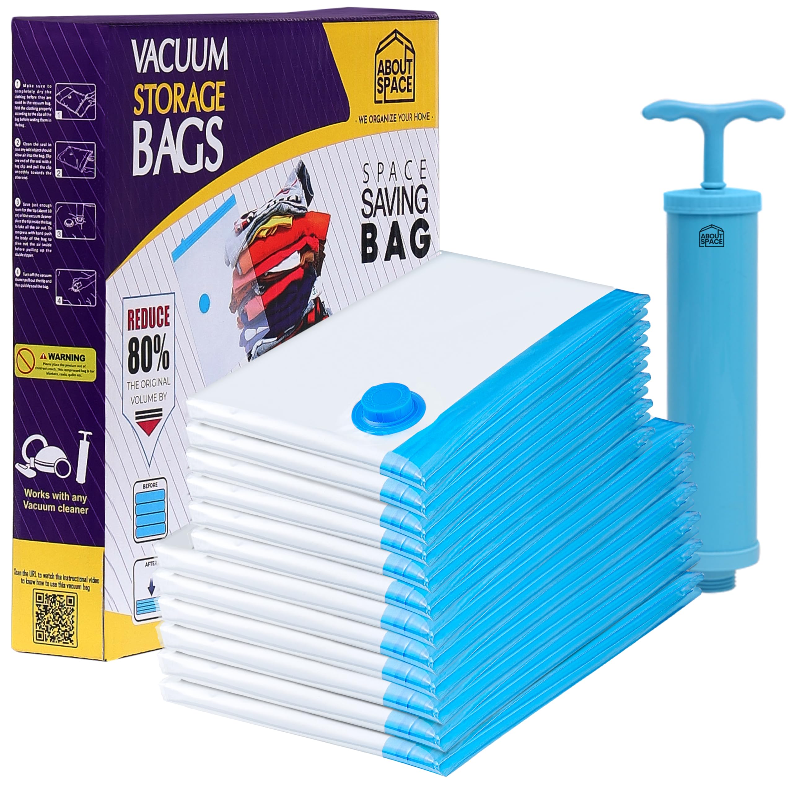 ABOUT SPACE polyethylene 12 Pack Vacuum Bags for Travel with Hand Pump (6 Jumbo/6 Large) Airtight, Reusable SPACE Saver Compression Storage Bags for Packing (PP-Blue)
