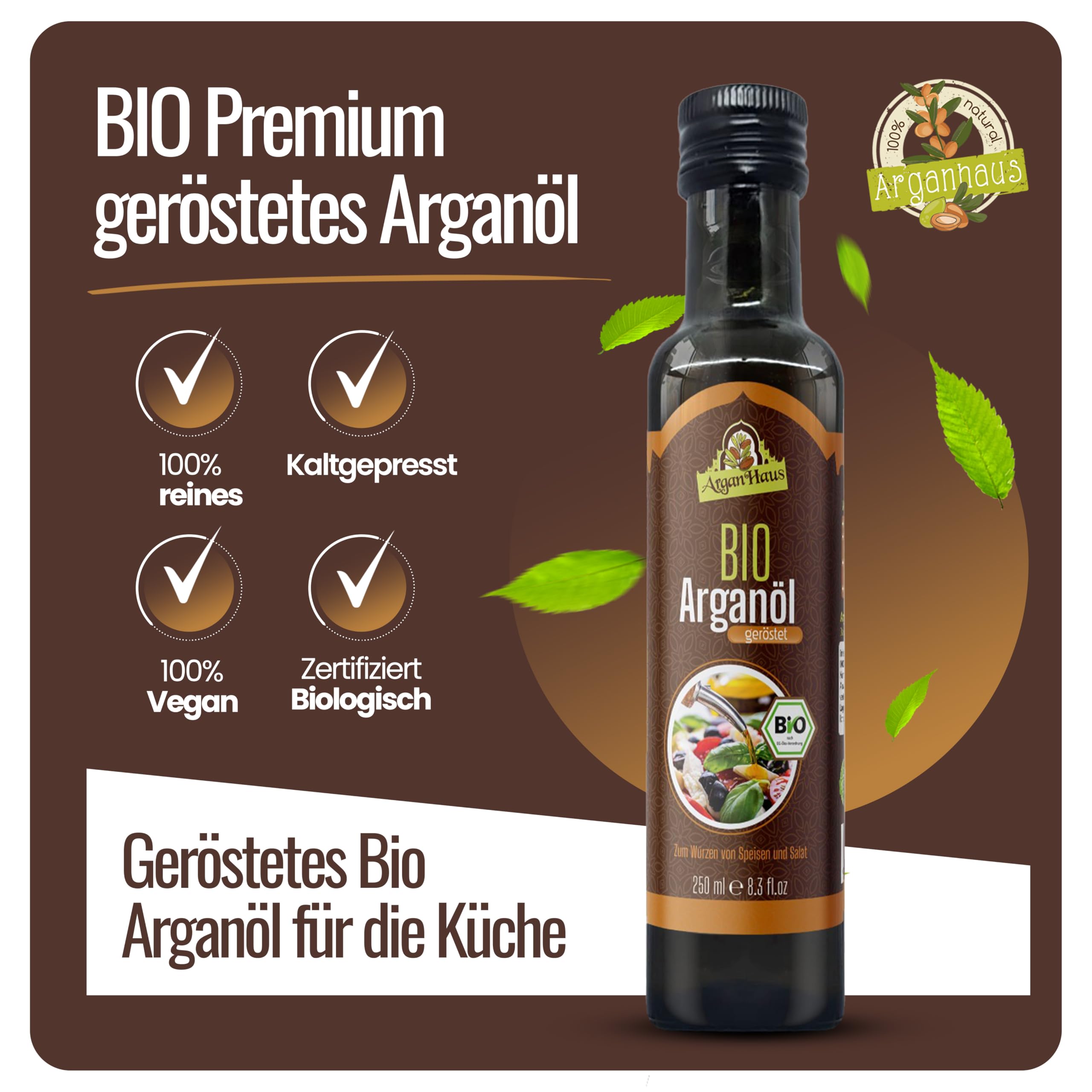Arganhaus Arganöl für die Küche – 100% reines, geröstetes Arganöl aus Marokko, nussiges Aroma, kaltgepresst, ideal für Salate & Rohkost, nicht erhitzen, Bio-Qualität, natürlich & aromatisch