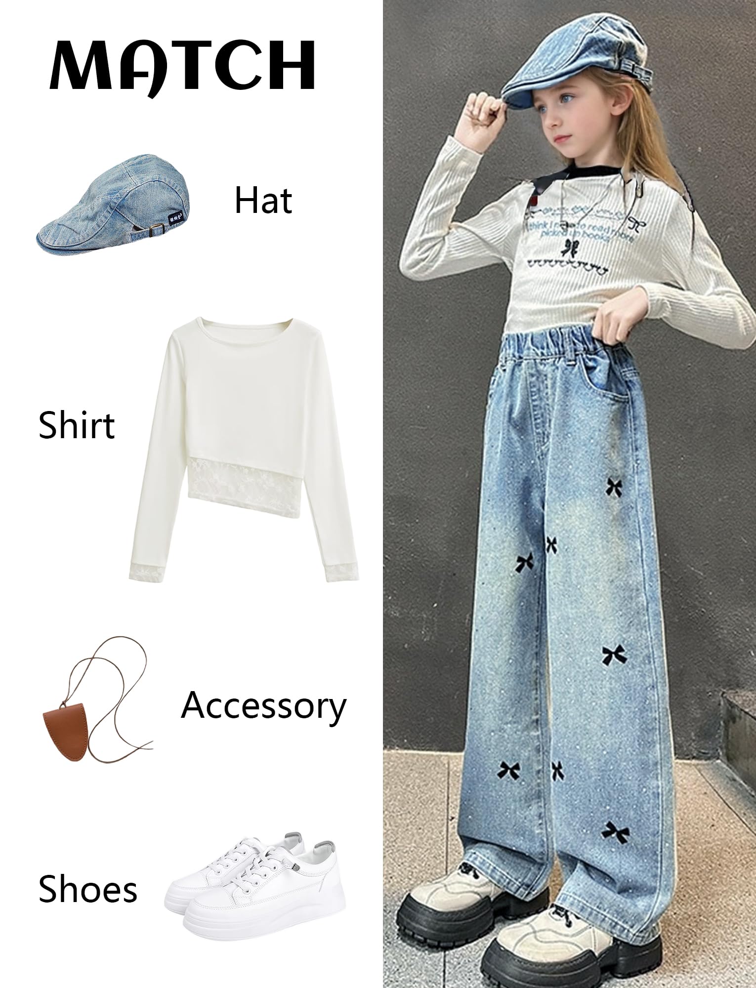 Jeans con Gamba Dritta Ragazza Pantaloni in Denim Elastico in Vita Pantaloni in Cotone Confortevoli Jeans Ricamati Traspirante 5-13 Anni