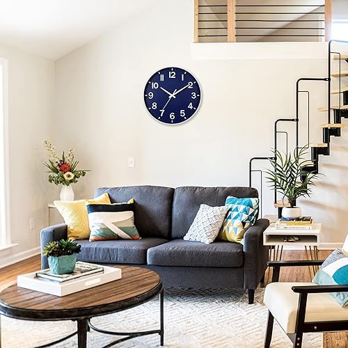 Miniatura 2 de HZDHCLH Reloj de pared azul marino, funciona con pilas, 12 pulgadas, silencioso, sin tictac, moderno, para sala de estar, dormitorio, cocina,