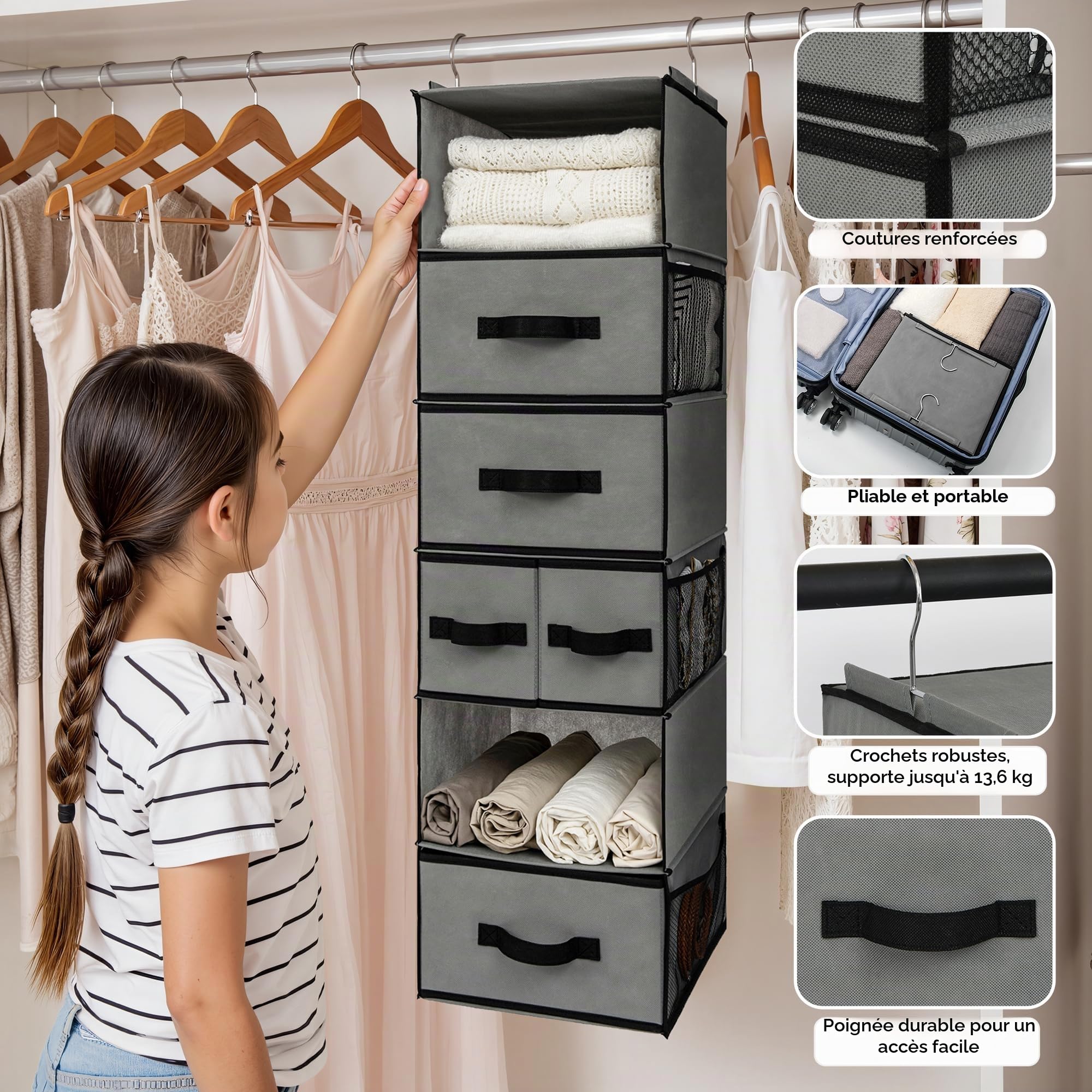 GRANNY SAYS Rangement de Penderie à 6 Compartiments, Étagère Suspendue de Rangement avec Tiroirs EI Poches Latérales, Rangement Suspendus pour Vêtements Pliable, Organisateur de Penderie Gris