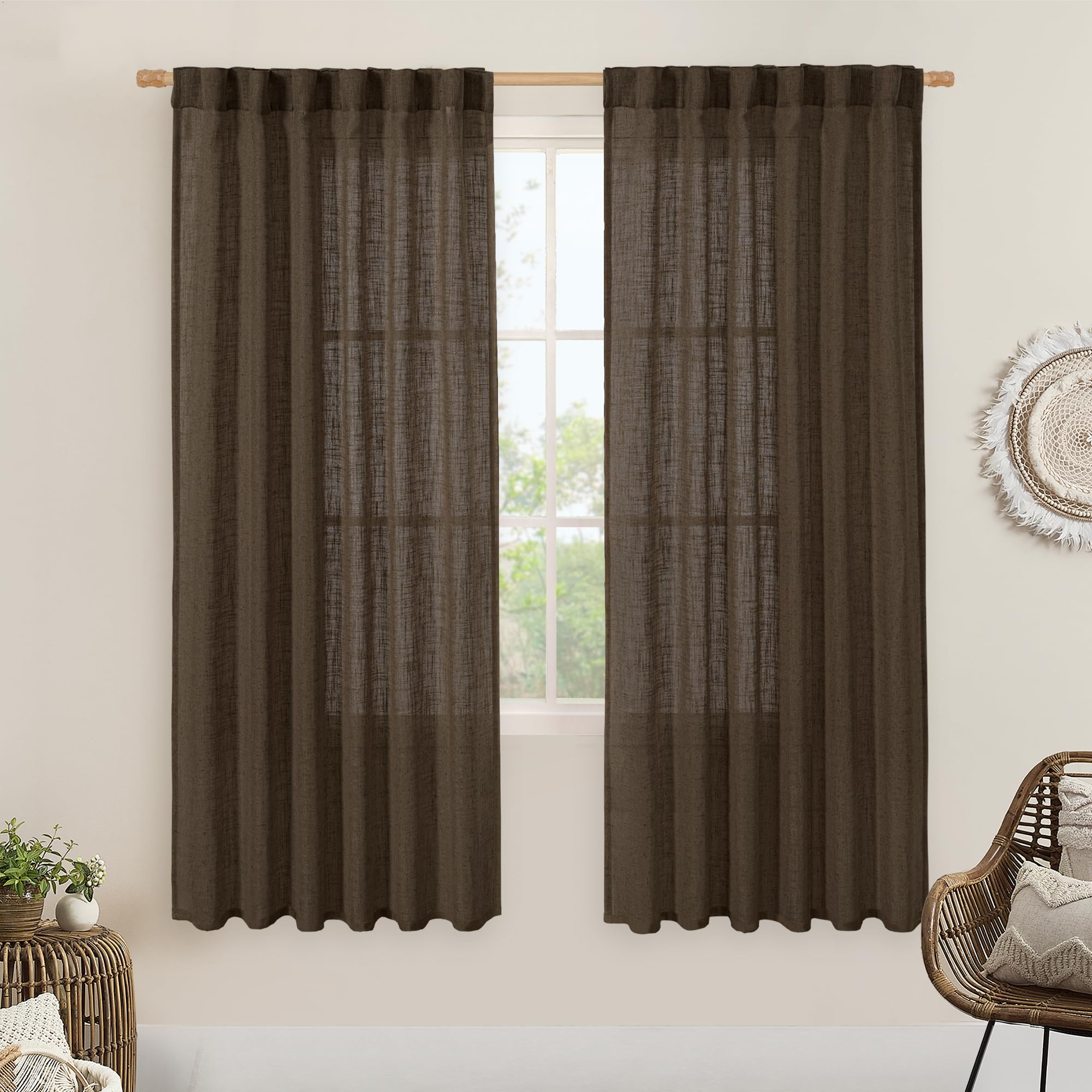LAMIT Linen Curtains 68 Inch Length 2 Panels, Light Filtering Panels Back Tab and Rod Pocket Neutral Drapes for Bedroom/Window/Living Room, Dark Brown, 52 x 68 Inch โ image 1