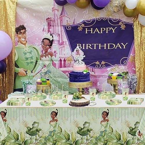 Miniatura 4 de 81 piezas de suministros para fiesta de cumpleaños Tiana, el juego de vajilla de princesa Tiana incluye 40 platos, 20 servilletas, 20 vasos de