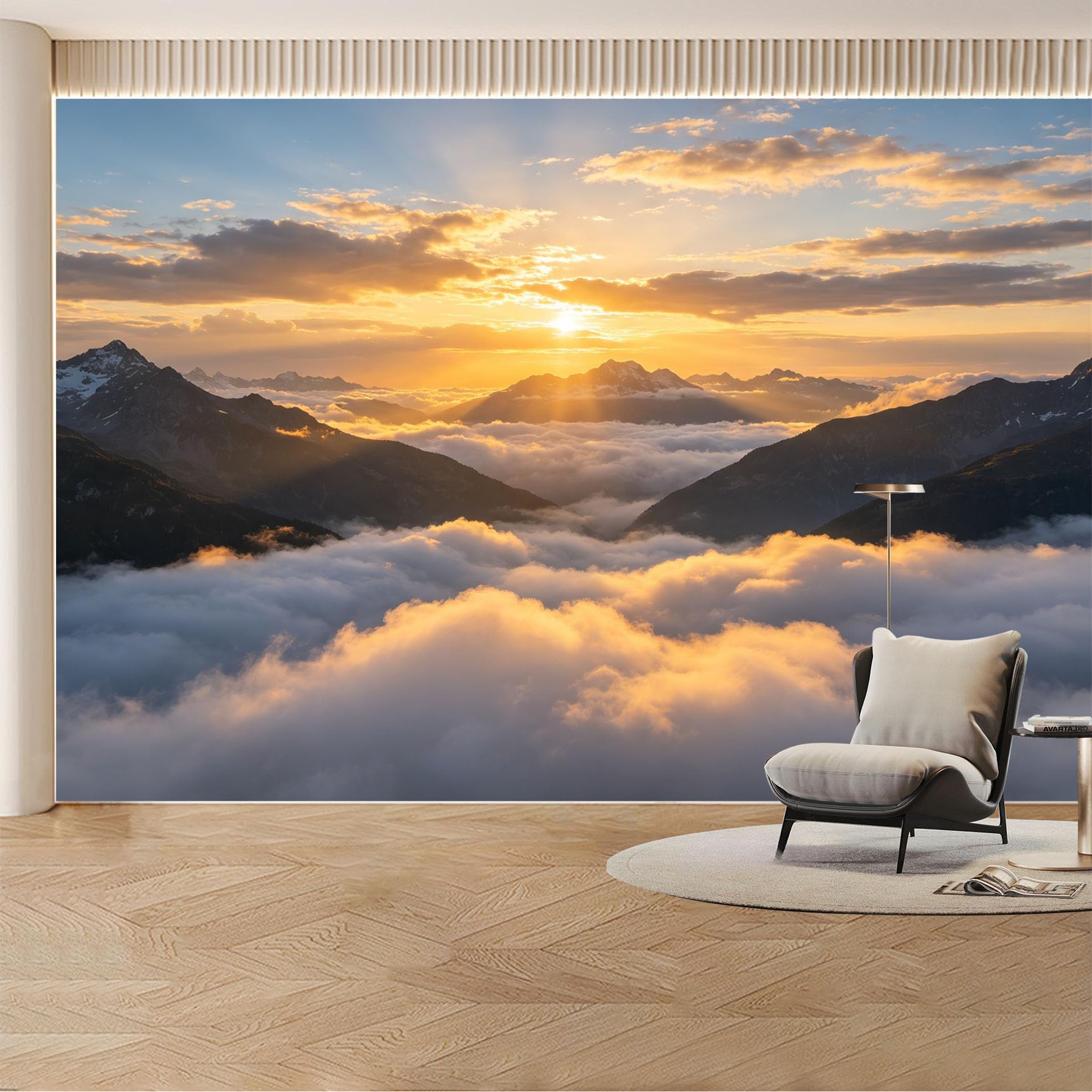 Custom Wall Mural Wallpaper Mountain Sunset， Landscape Nature 3D Effect Wall Decor， Luxury Misty Removable SelfAdhesive Large Photo for Living Room， Bedroom， Office