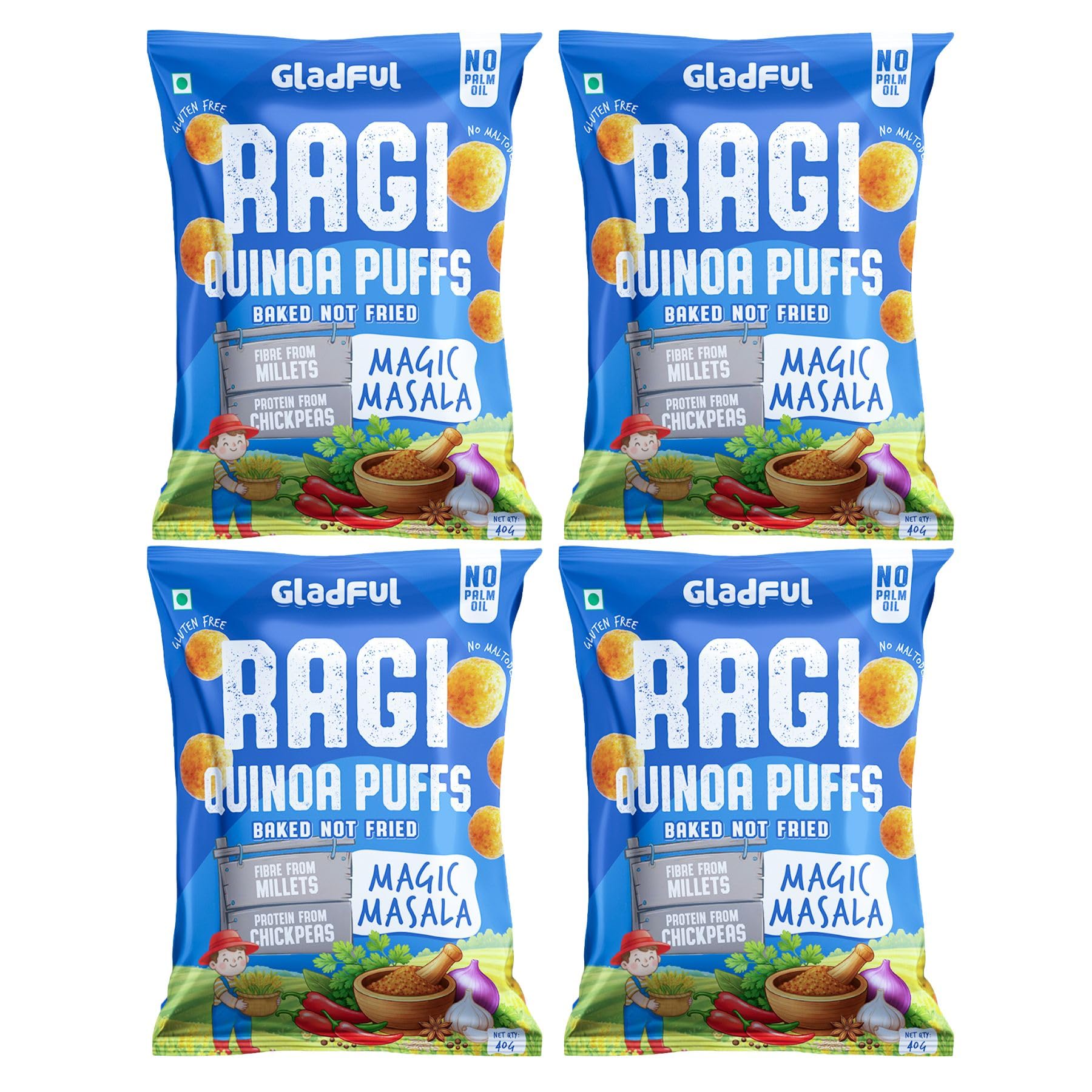 Gladful Ragi Quiona Puffs | Magic Masala | 160g (40g x 4) | Millet Puffs | No Palm Oil | No Maida | No Trans Fat | No Cholestrol | No Maltodextrin-image-31