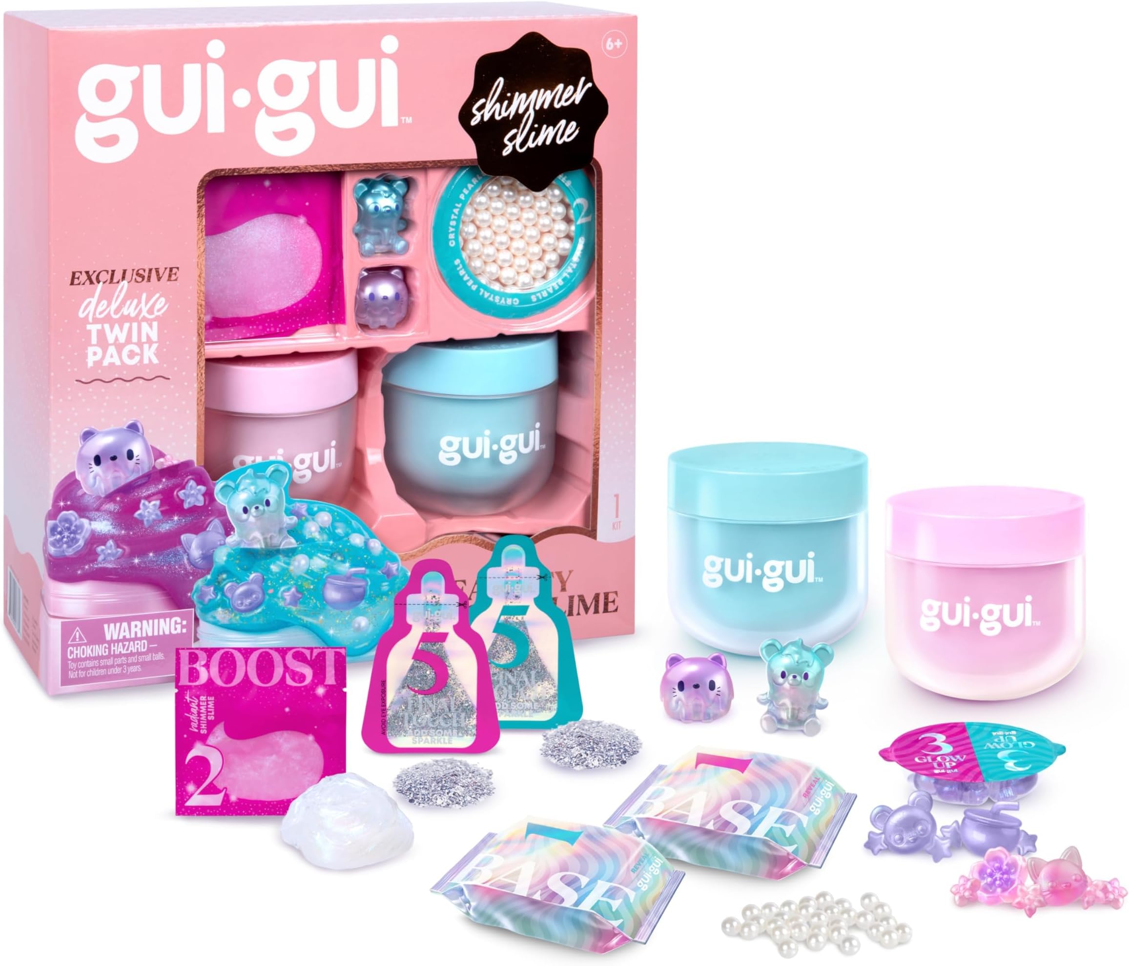 Gui Gui Shimmer Deluxe Duo Pack, with 2 Iridescent Slimes, Pearl Bead Booster and 2 Glow-Up and Finishing-Touch Sachets, Scented Slime Toy