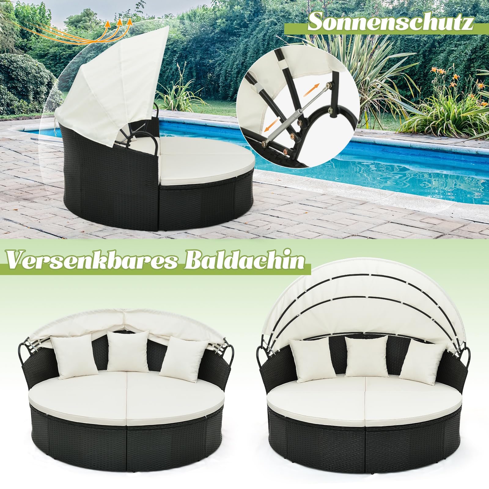 COSTWAY Rotan zonnebank met intrekbare luifel, ronde ligstoel, ligstoel voor 2-3 personen, inclusief zitkussen en rugkussen, tuinlounge, tuinmeubilair voor tuin, achtertuin, 187 x 180 x 157 cm