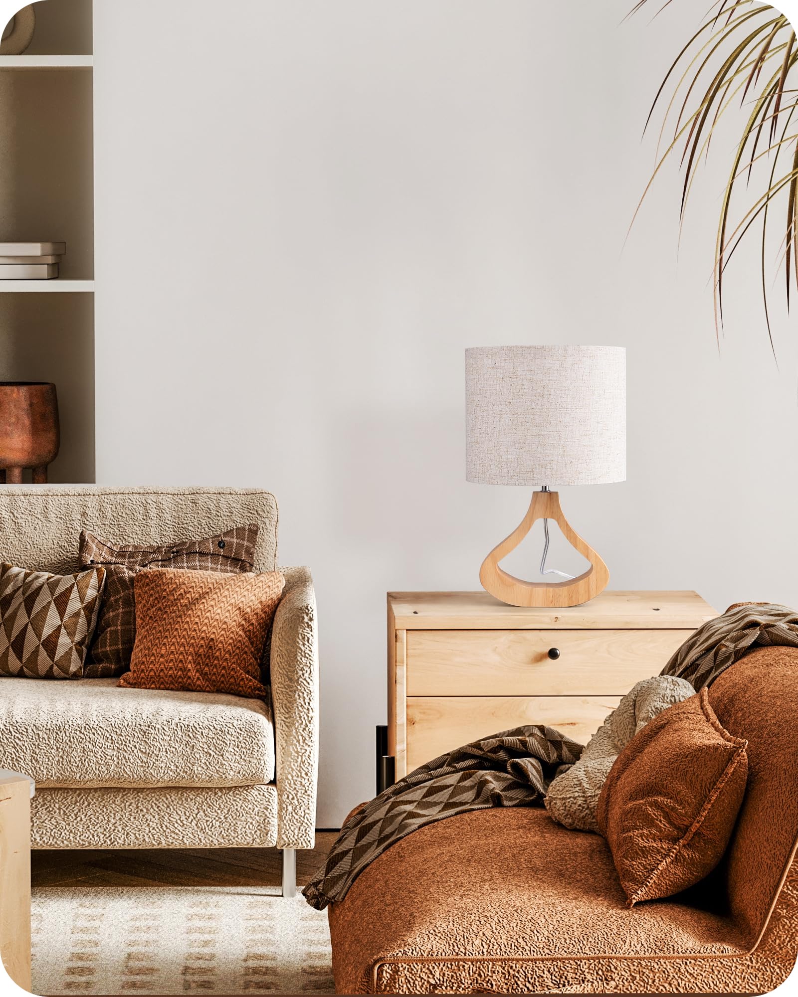 EDISHINE Lampe de Chevet avec Abat-jour en Lin & Base en Bois Massif de Teinte Chêne Clair, E27 4W Ampoule LED Incluse, 2700K Blanc Chaud, H34 cm, Ø21 cm, Lampe de Table Moderne pour Salon, Chambre
