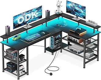 ODK L Shaped Gaming Desk with LED Lights & Power Outlets, 150×102cm Reversible Corner Desk with Storage Shelves, Computer Desks with Monitor Stand, Black