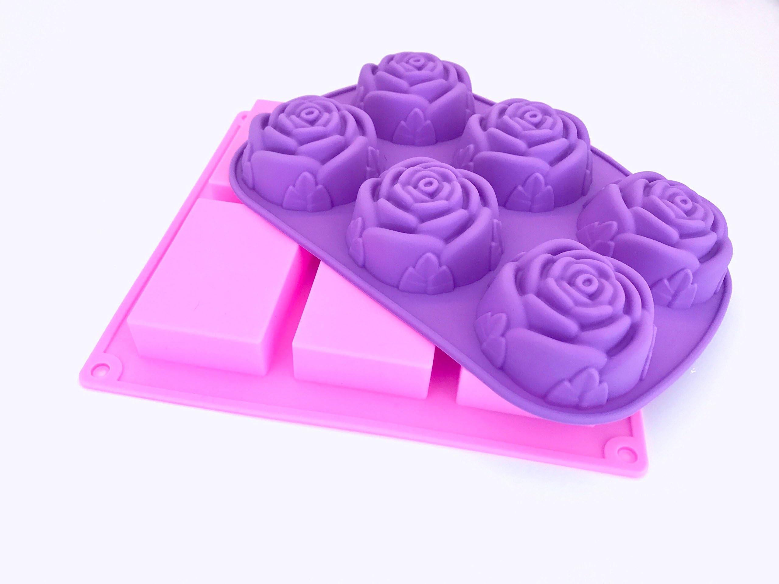 LifeForward 2 Pack Heat Resistant Silicone Soap Molds Includes Flower Rose Mold and Rectangle Cavity for DIY Homemade Soaps or Baking Mini Cakes, Cupcakes. Perfect soap Mold for Bathroom and Kitchen.