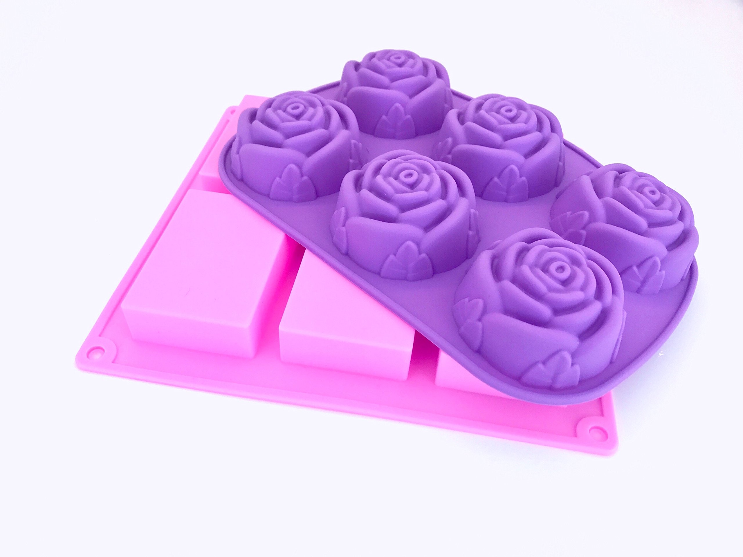 LifeForward 2 Pack Heat Resistant Silicone Soap Molds Includes Flower Rose Mold and Rectangle Cavity for DIY Homemade Soaps or Baking Mini Cakes, Cupcakes. Perfect soap Mold for Bathroom and Kitchen.