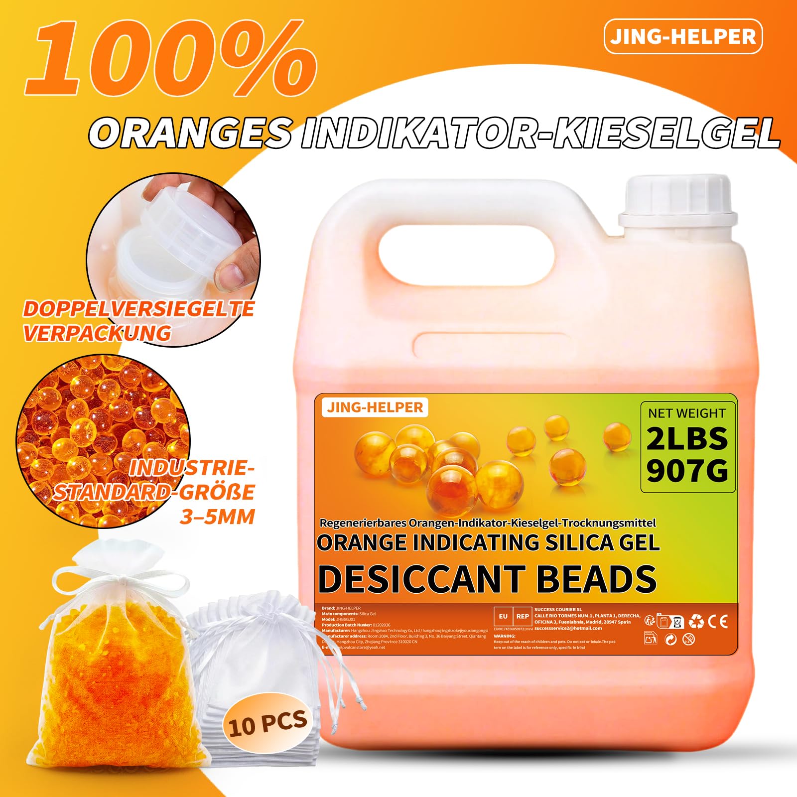 Orange Silica Kugeln 907G, Wiederverwendbare Indikator-Silikat Trockenmittel 3-5mm, Silikagel Desiccant für 3D-Druckfilamente, Elektronik, Kameras, Schmuck (Enthält 10 Organzabeutel)