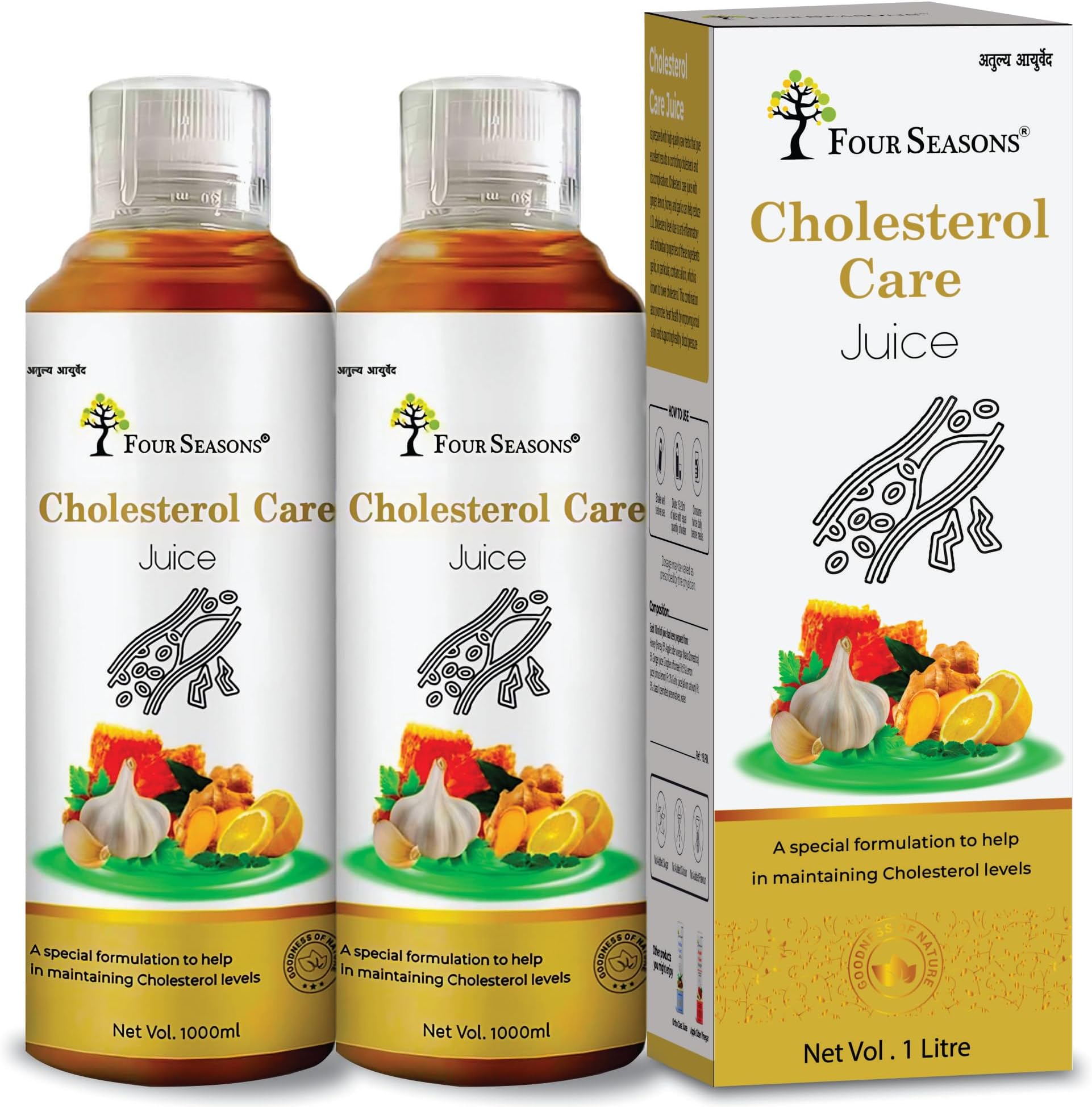 Four Seasons Cholesterol Care Juice 1000Ml | Ayurvedic Heart Health Formula with Apple Cider, Honey, Garlic, Lemon & Ginger | BP Care | Boost Metabolism - No Added Sugar PK2