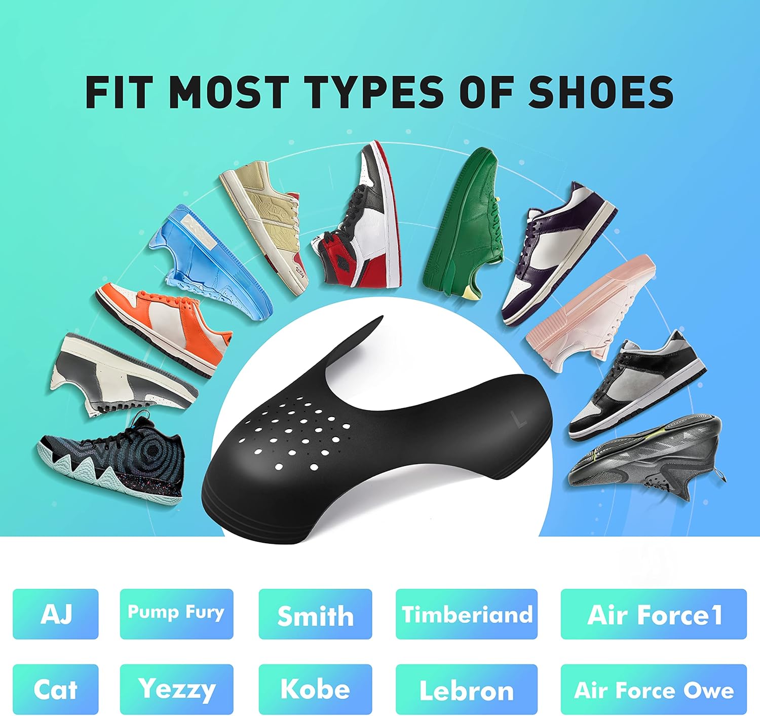 An image showing a black crease protector surrounded by various types of sneakers, illustrating its wide compatibility.