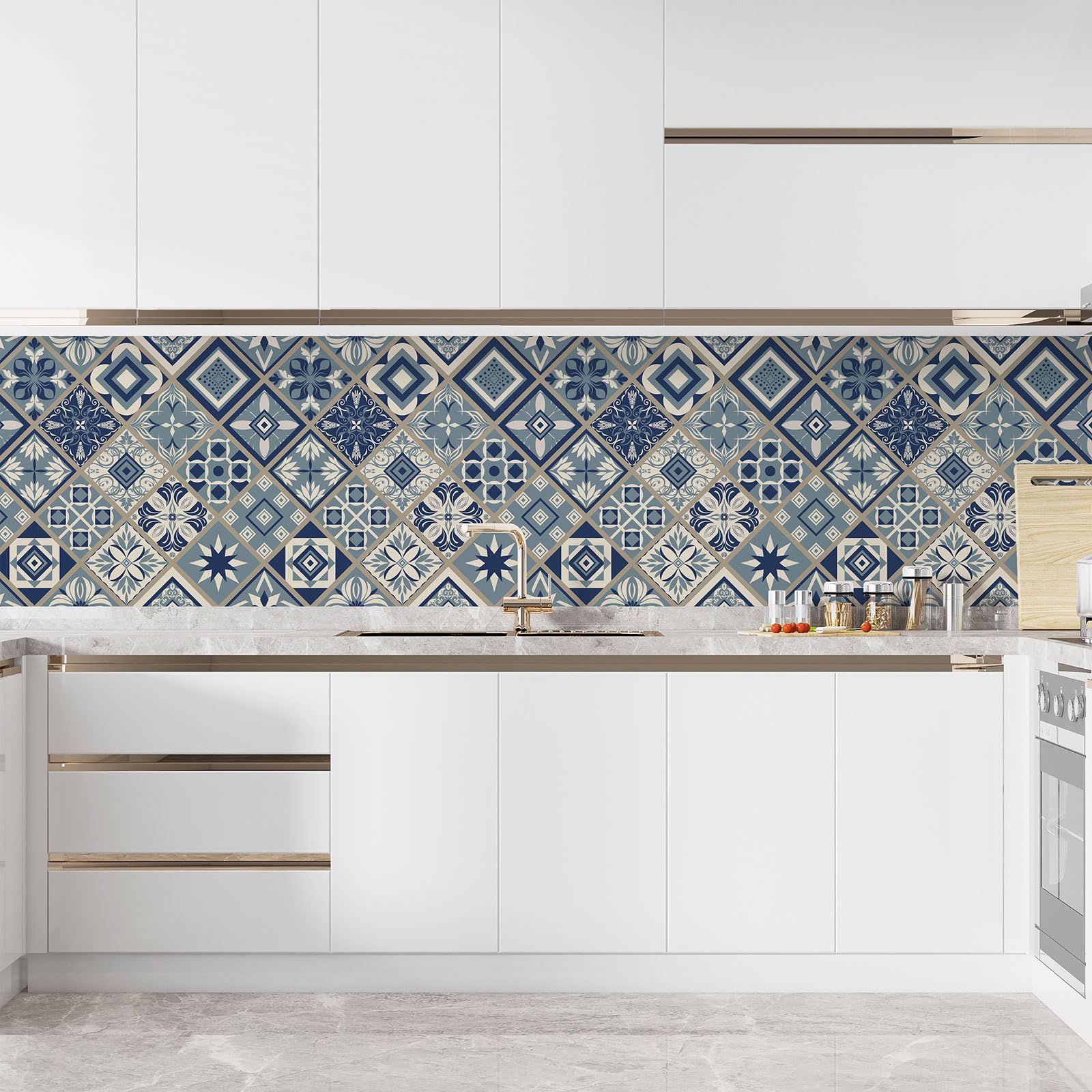 Lumalea Adesivo per cucina, effetto piastrelle di cemento, 3617681625049, adesivo + protezione lucida, 90 x 90 cm