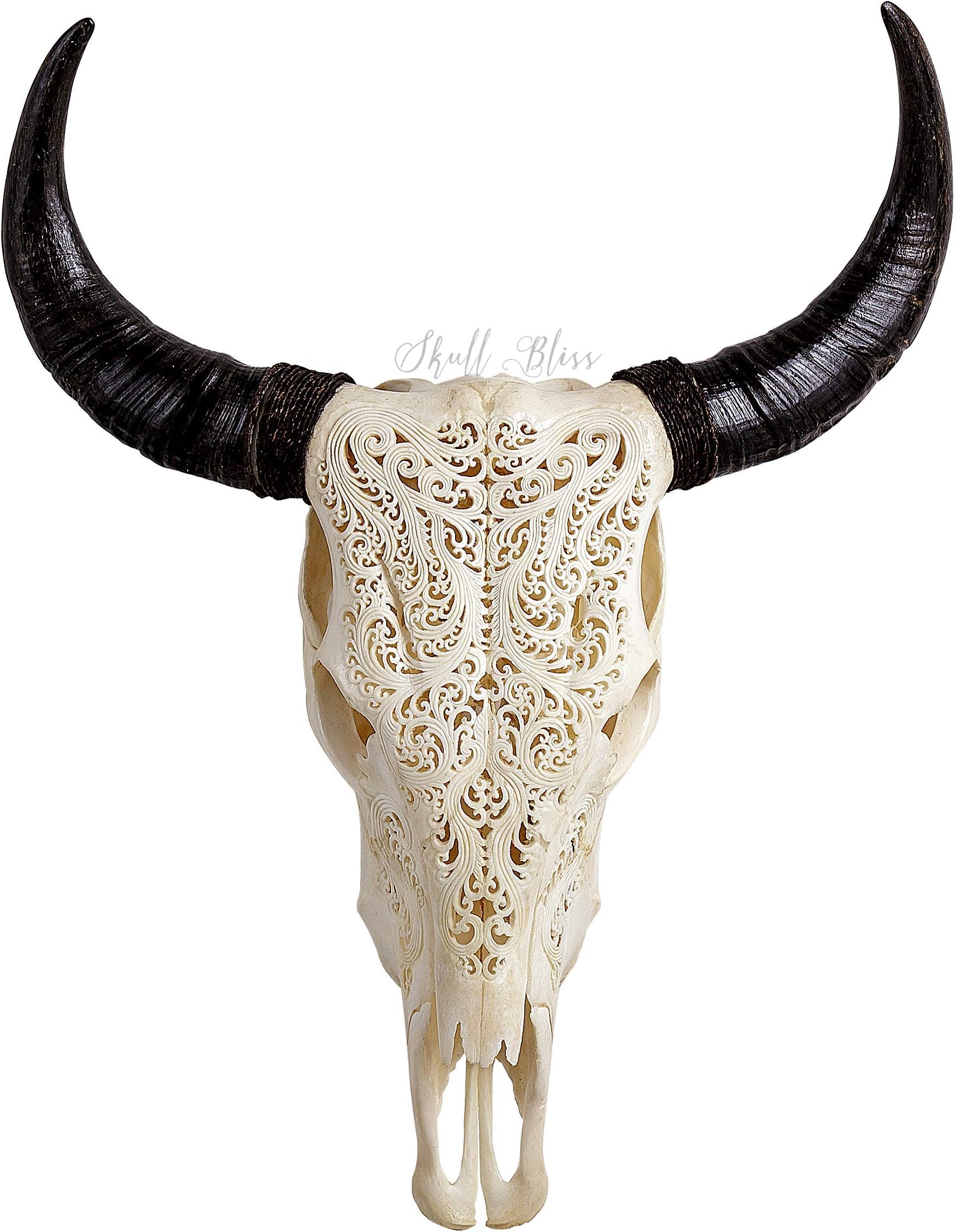 25'' Real Cow Skull with Horns & Tribal Carving - by Skullbliss