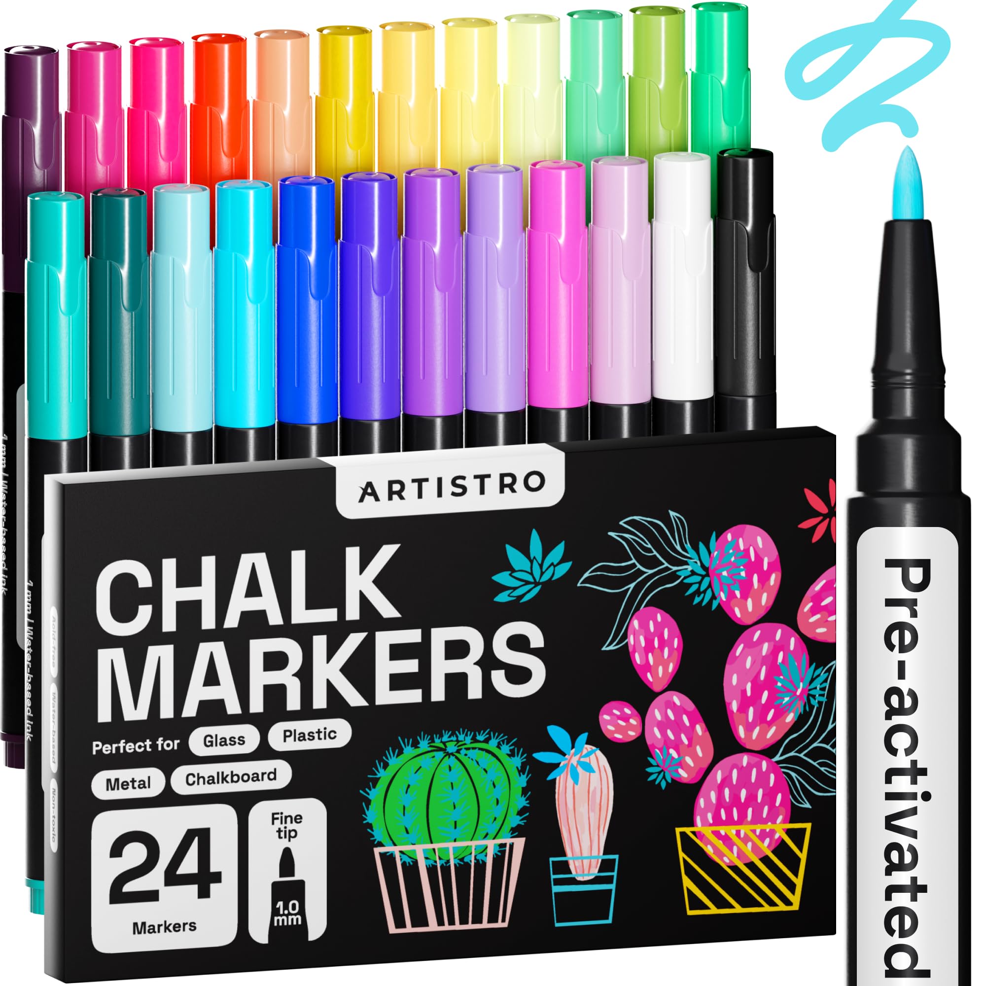 ARTISTRO Liquid Chalk Markers Pre-Activated, Liquid Chalk Markers Erasable Chalk Markers for Glass or First Day of School Sign, Chalkboard Markers with White Chalk for Kids & Adults (Fine Tip, 24)