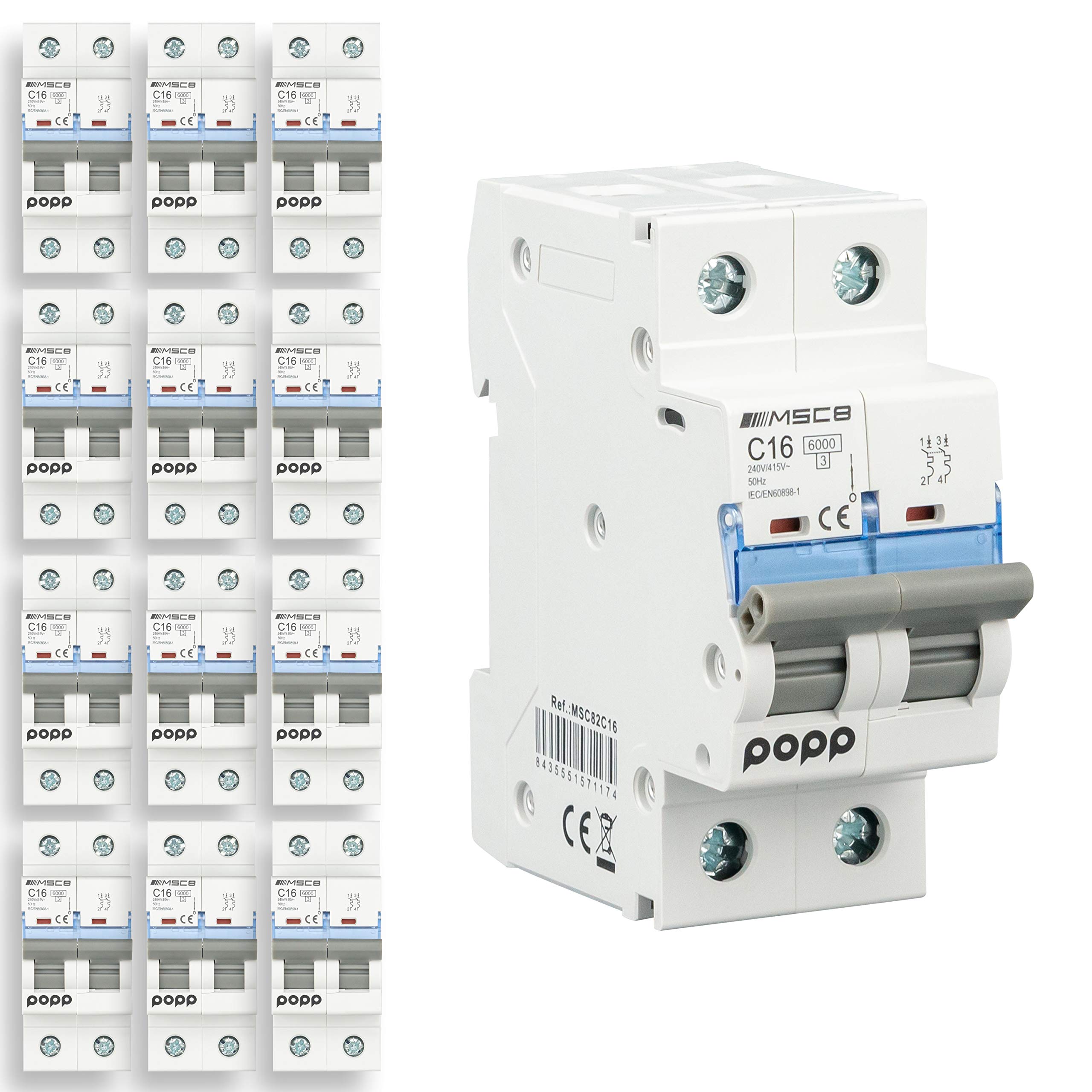 POPP® Interruptor Automático Magnetotérmico 2P serie MSC82 gama Industrial CURVA C corte 6000A 6A,10A,16A,20A,25A,32A,40A,63A Pack 6,12 (Pack 12, 16A)