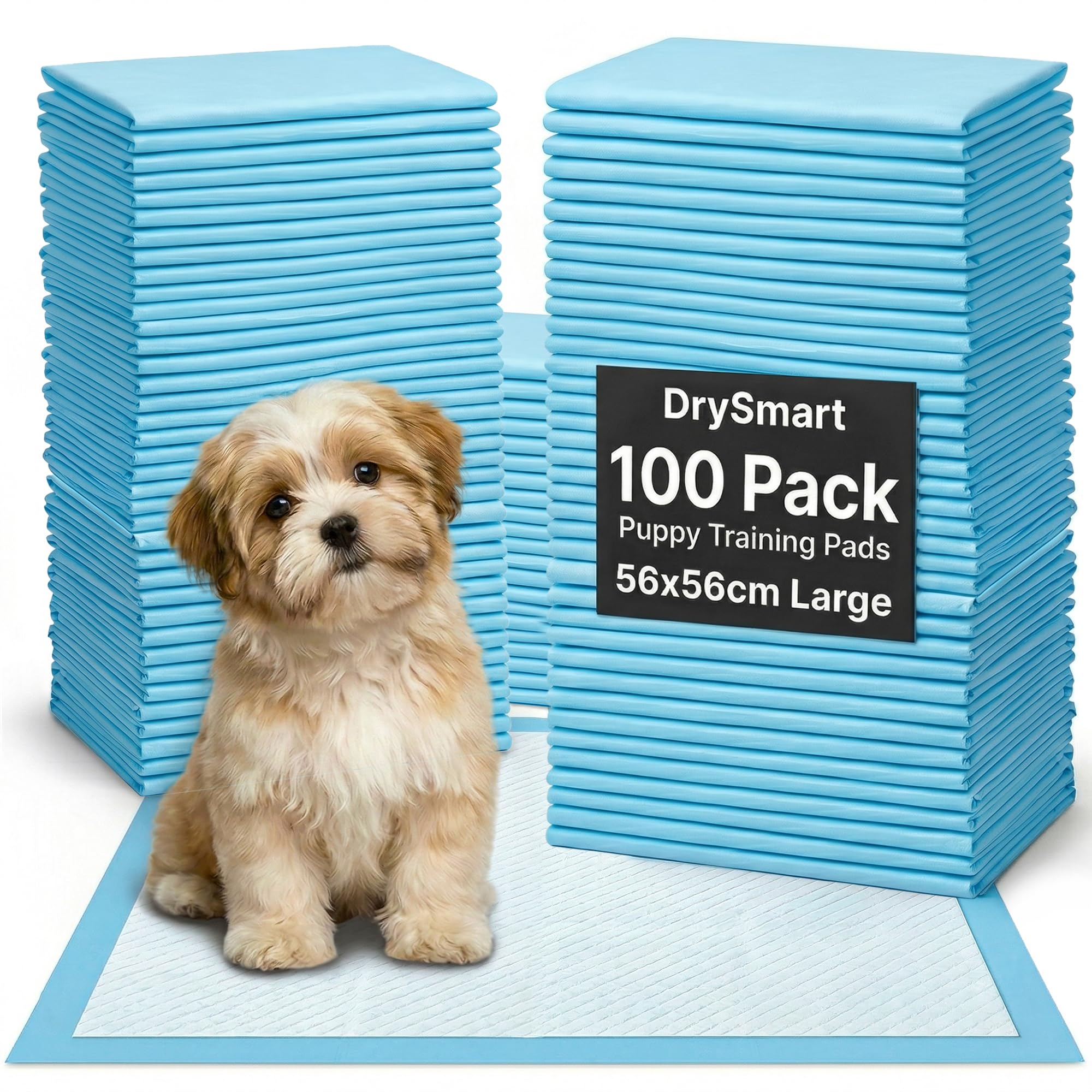 DrySmart 100 Pack Puppy Training Pads – 56x56cm Large Puppy Pads, Ultra-Absorbent & Leak-Proof 5-Layer Design Dog Mats for House Training, Incontinence & Pee Protection
