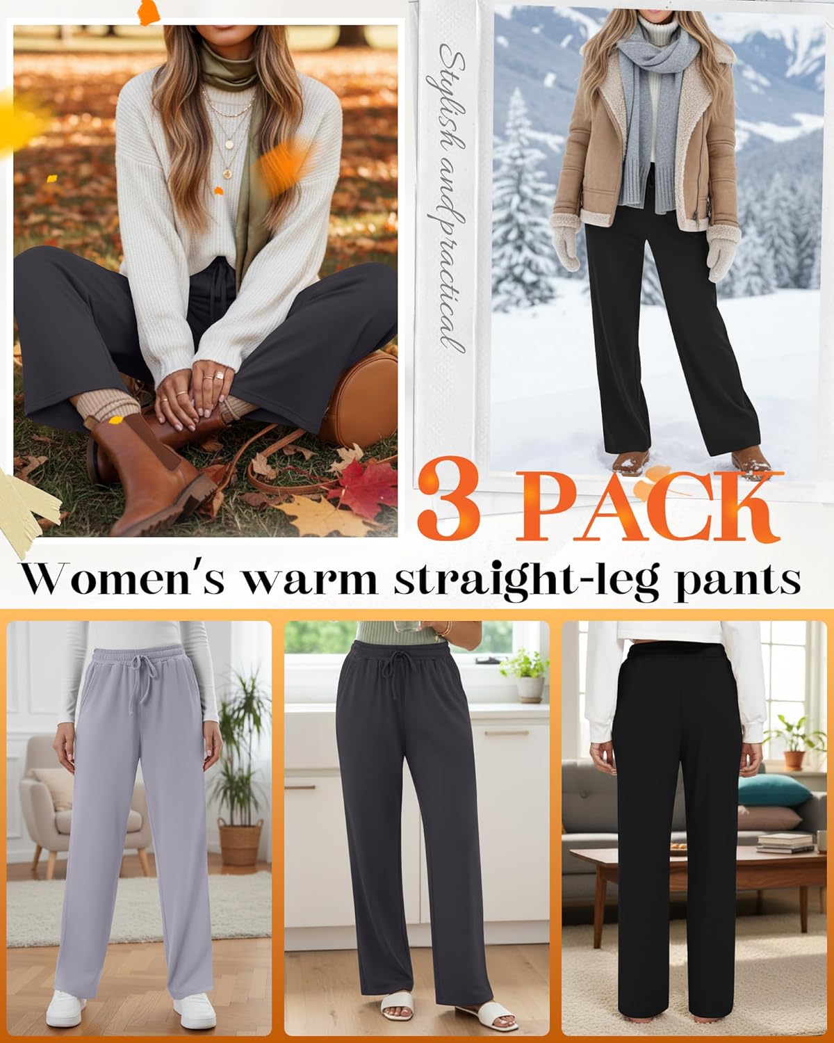 3 Pack Women's Fleece Sweatpants Thermal Wide Leg Straight Drawstring Pants Warm Open Bottoms with Pockets - Image 4