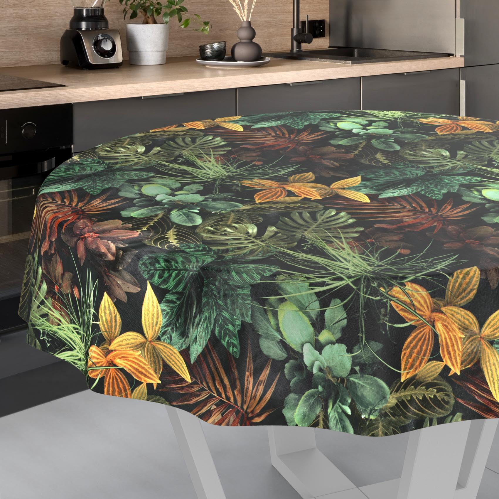 Nappe en Toile cirée Lavable, Facile d'entretien, imperméable, Effet Lotus, Nappe de Jardin, Motif Tropical, Ronde, 140 cm, Bord coupé