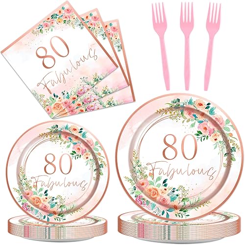 96 platos florales de fiesta de 80 fabulosos platos para fiesta de cumpleaños de 80 años, platos de fiesta de oro rosa, vajilla y servilletas de