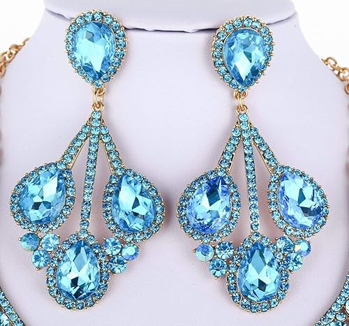 Miniatura 9 de Janefashions Peacock Feather Teal Austrian Rhinestone Crystal Statement Collar Pendientes Set Gargantilla Show Beauty Queen N820t, Cristal