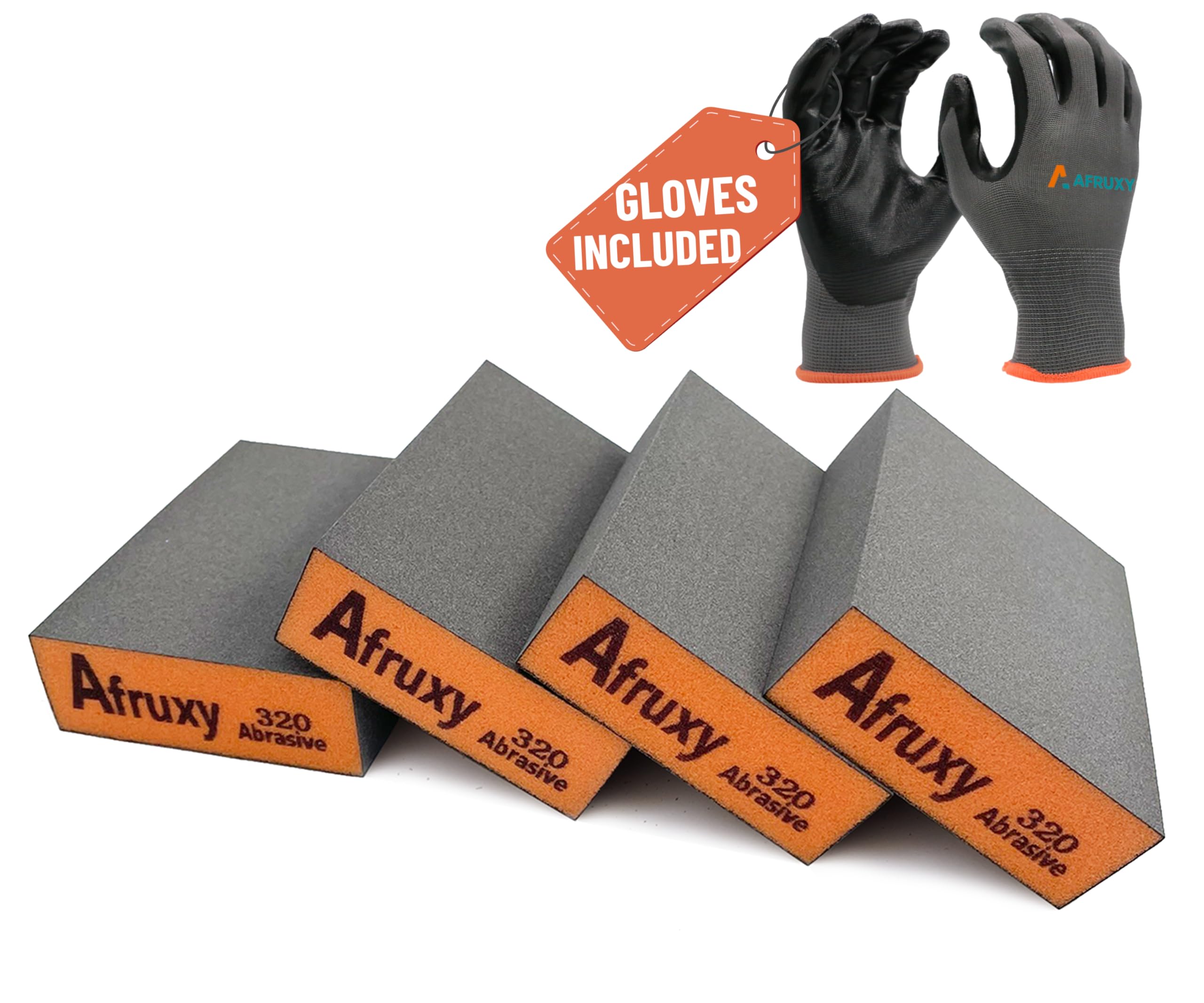 4-Pack 320 Grit Sanding Sponges with Work Gloves – Superfine High-Density Sandpaper Blocks for Wood, Drywall, Metal, and Furniture Polishing –