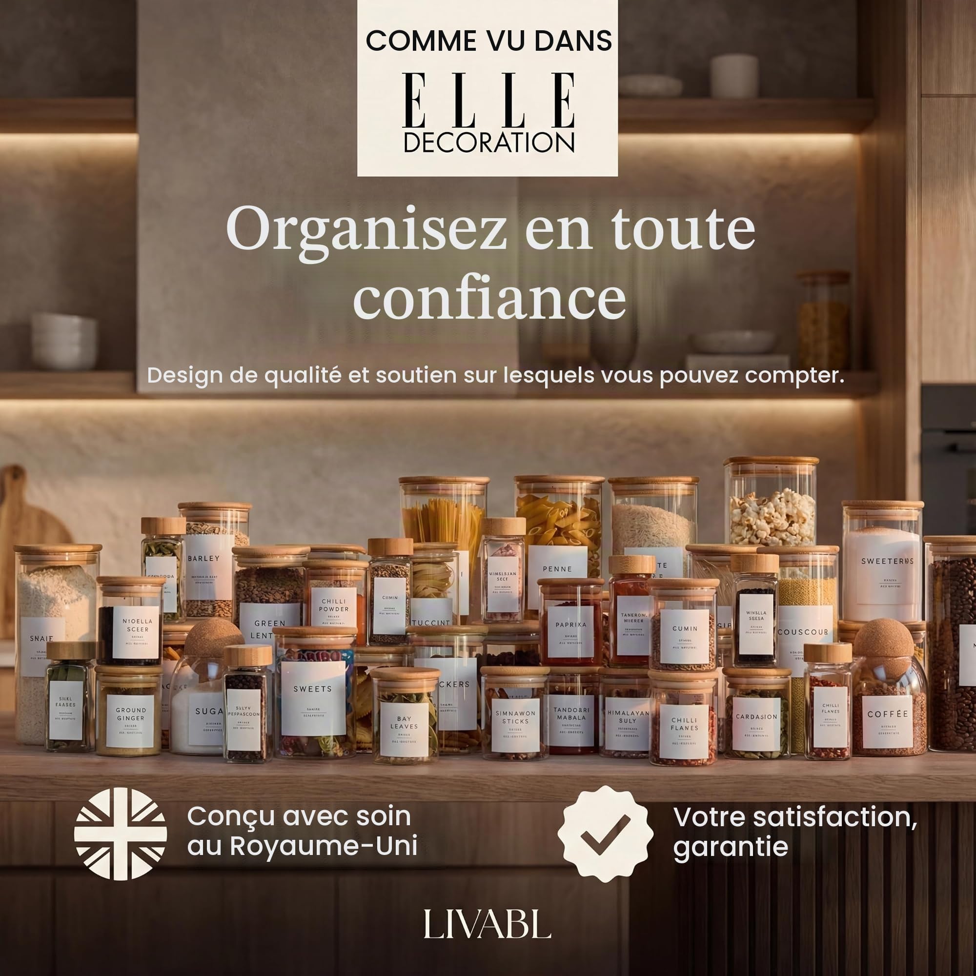 Livabl Grand bocal en verre avec couvercle (3 L) – Grand bocal avec couvercle hermétique en bambou pour le rangement de la cuisine – Extra large pour farine, pâtes, céréales, riz, etc