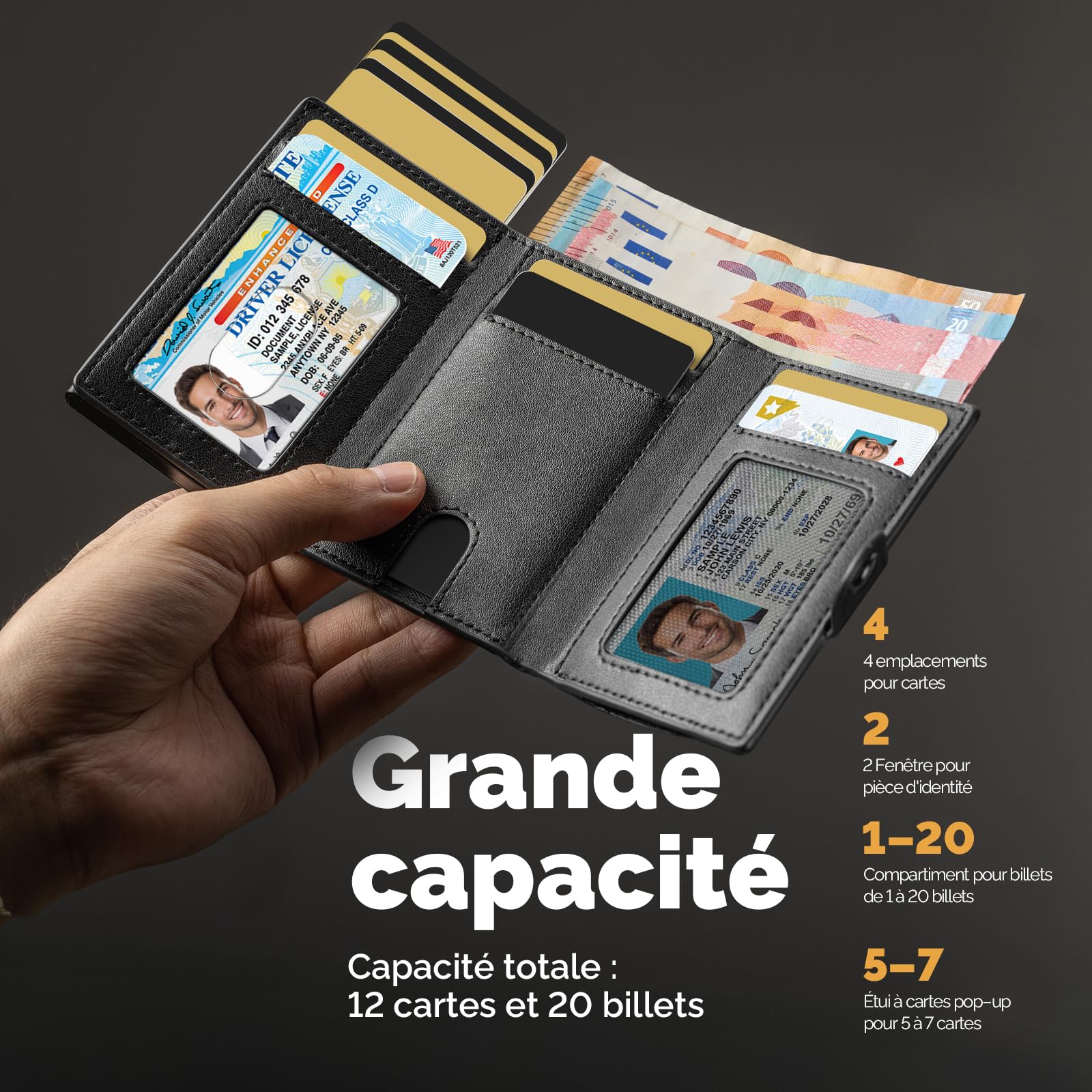 AirTag Portefeuille pour Homme avec Blocage RFID, Compact Air Tag pour 12 Cartes, Porte-Monnaie Pop-up avec Compartiment à Monnaie et 2 fenêtres d'identité, Noir