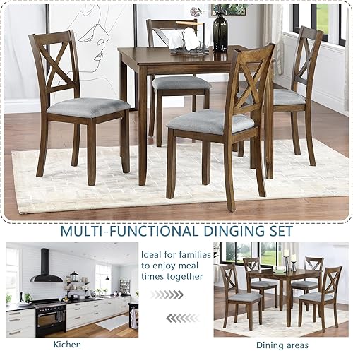 Miniatura 8 de Juego de mesa de comedor de 5 piezas para 4 personas, mesa de comedor de cocina con 4 sillas de madera maciza con cojín suave, ideal para uso en