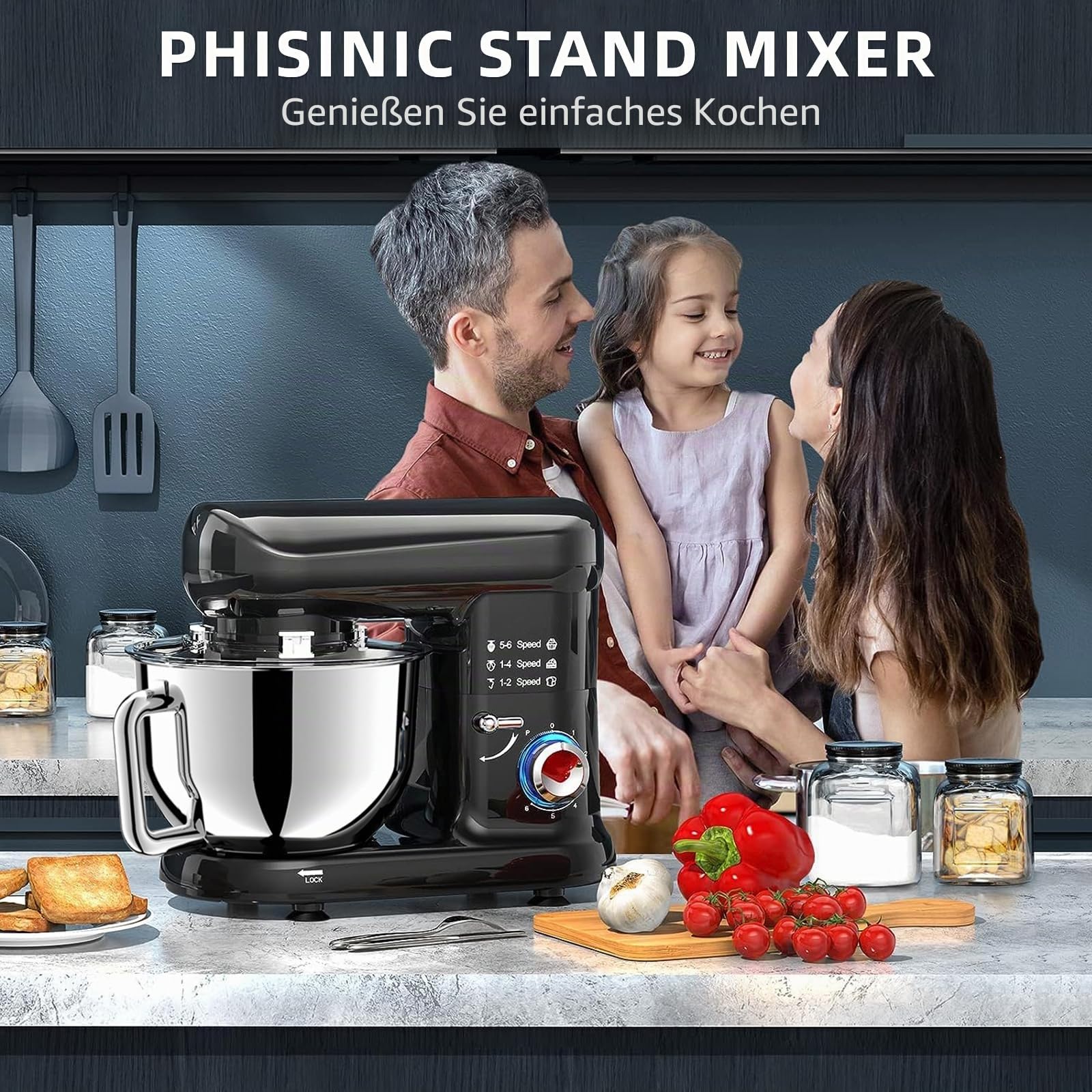 Küchenmaschine Knetmaschine 2000W Teigmaschine Rührmaschine mit 6,5L Edelstahl Schüssel 6 Geschwindigkeiten Geräuscharme Teigknetmaschine inkl Rührbesen, Knethaken, Schläger und Spritzschutz