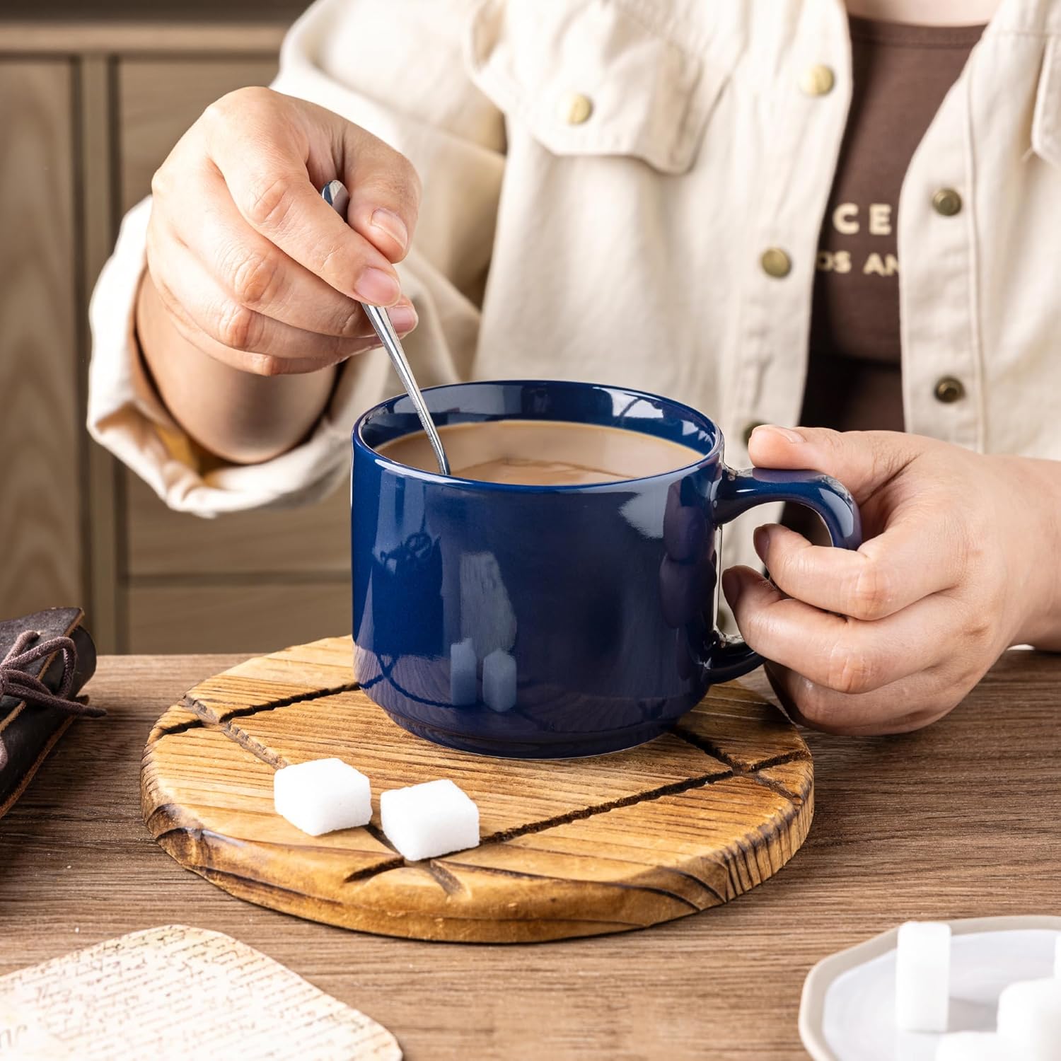 GBHOME 14 OZ Coffee Mugs Set of 6, Stackable Ceramic Mugs for Men, Women, Modern Coffee Cups for Latte,Cappuccino,Hot Cocoa. Dishwasher & Microwave Safe, Navy Blue - Image 4