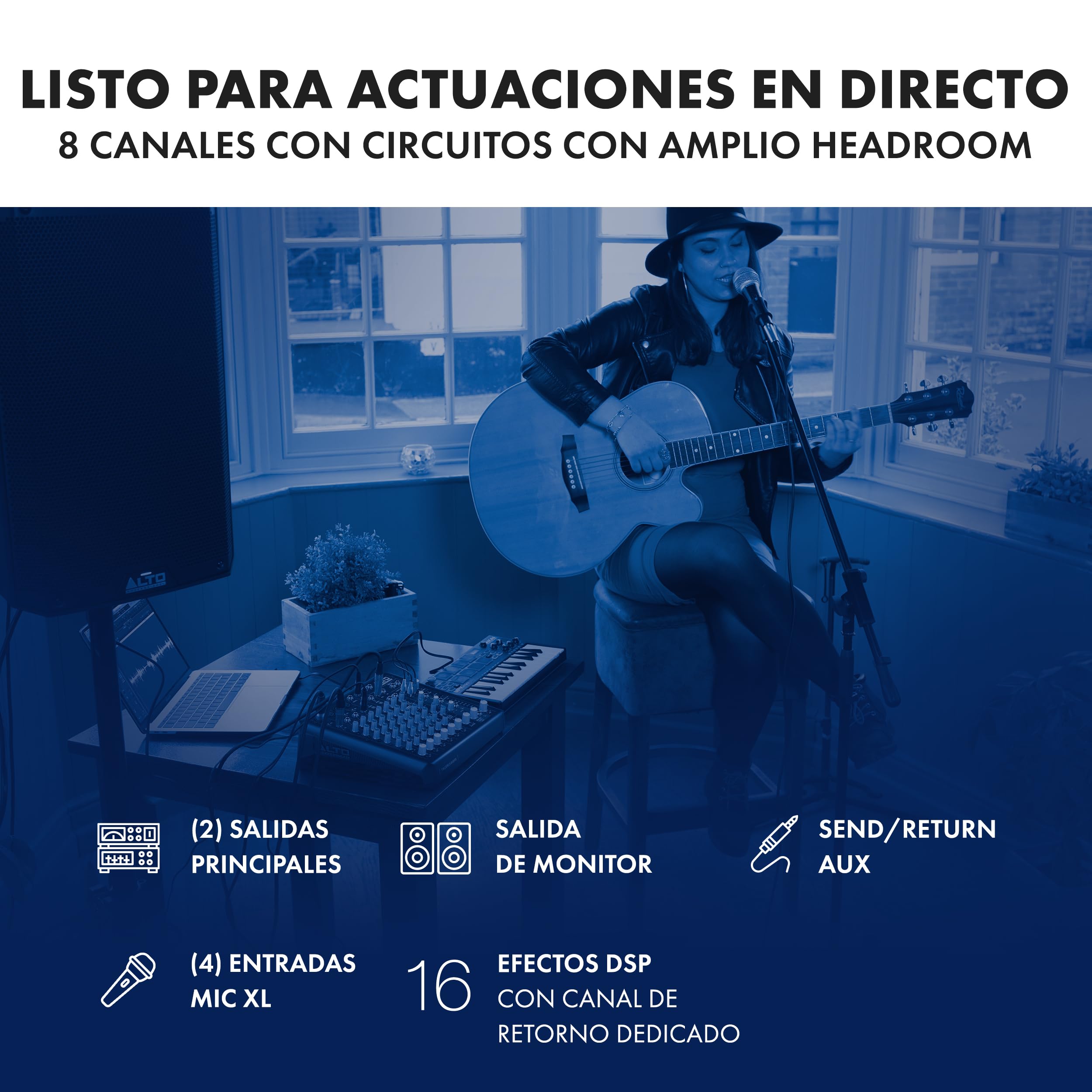 ALTO TrueMix 800FX Mesa de Mezclas Con 4 Entradas XLR de Micrófono, Interfaz de Audio USB y Bluetooth Para Podcasts, Actuaciones en Vivo, Grabaciones, DJ, Windows y Mac