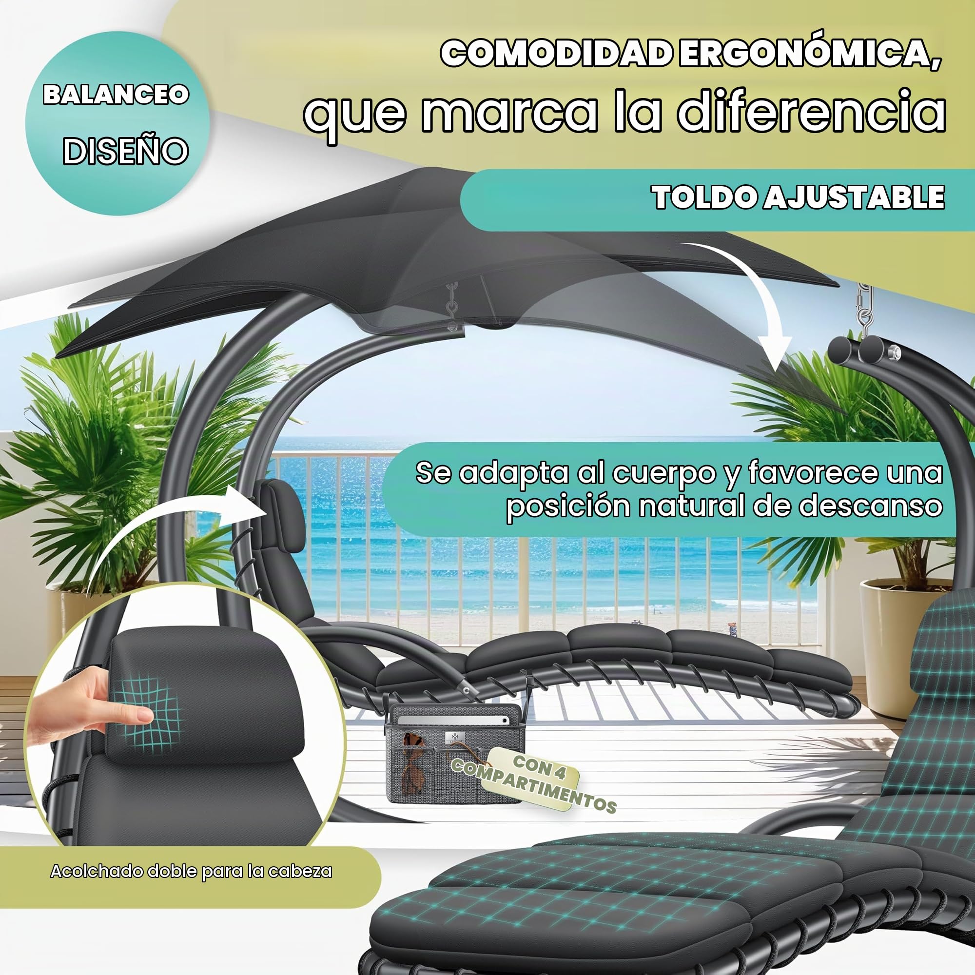 KESSER® Tumbona flotante con sombrilla, tumbona colgante, tumbona H200, L194, B100 cm, tumbona de relax, columpio, hamaca, soporta hasta 120 kg, cojines para el cuello, incluye bolsa