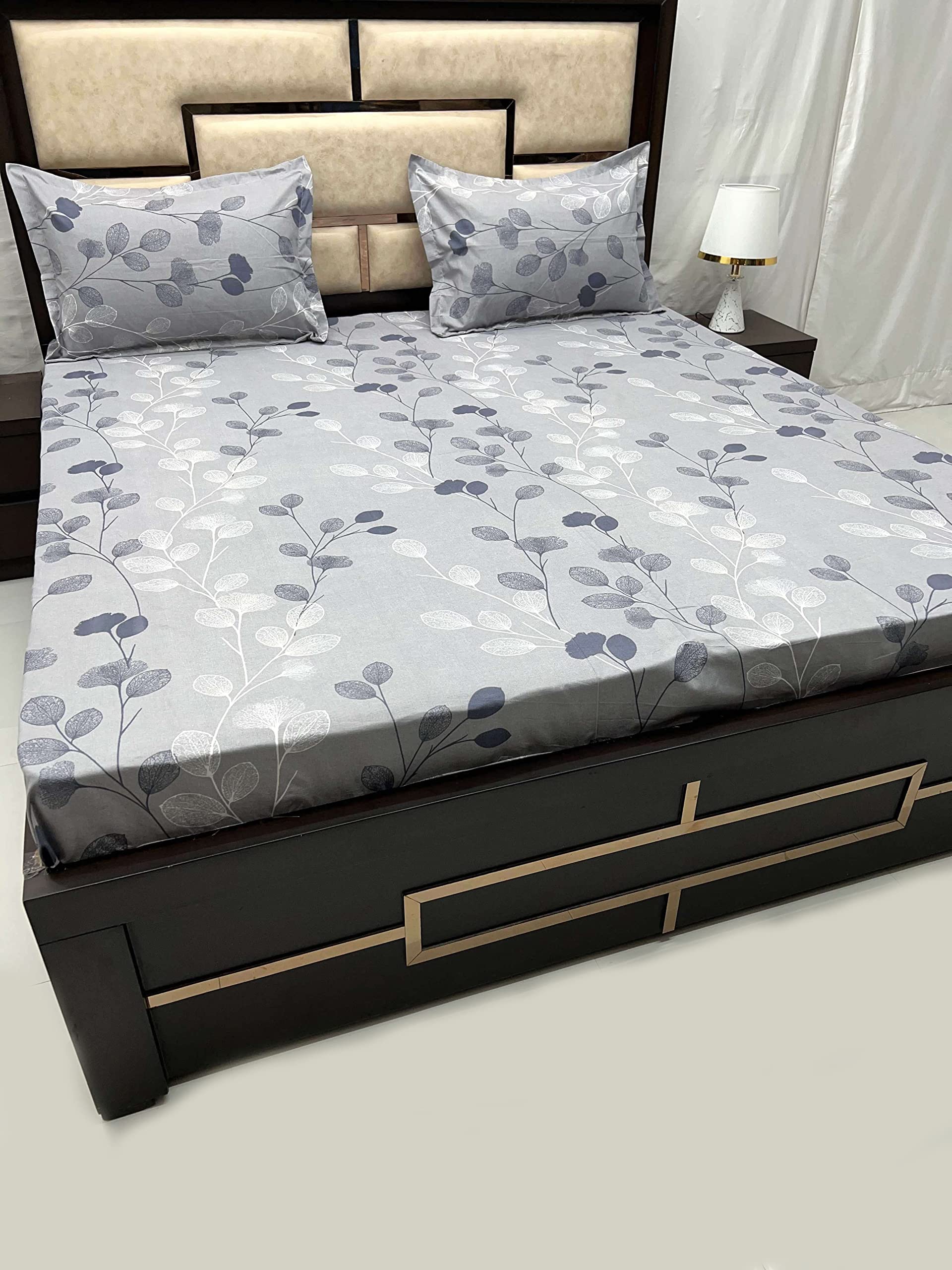 Pure Decor Leisure Fur Collection Poly Cotton Bedsheets for Double Bed Cotton with Pillow Cover Set of 2 for Home King Size Bed PD 2680 - Floral, Gray