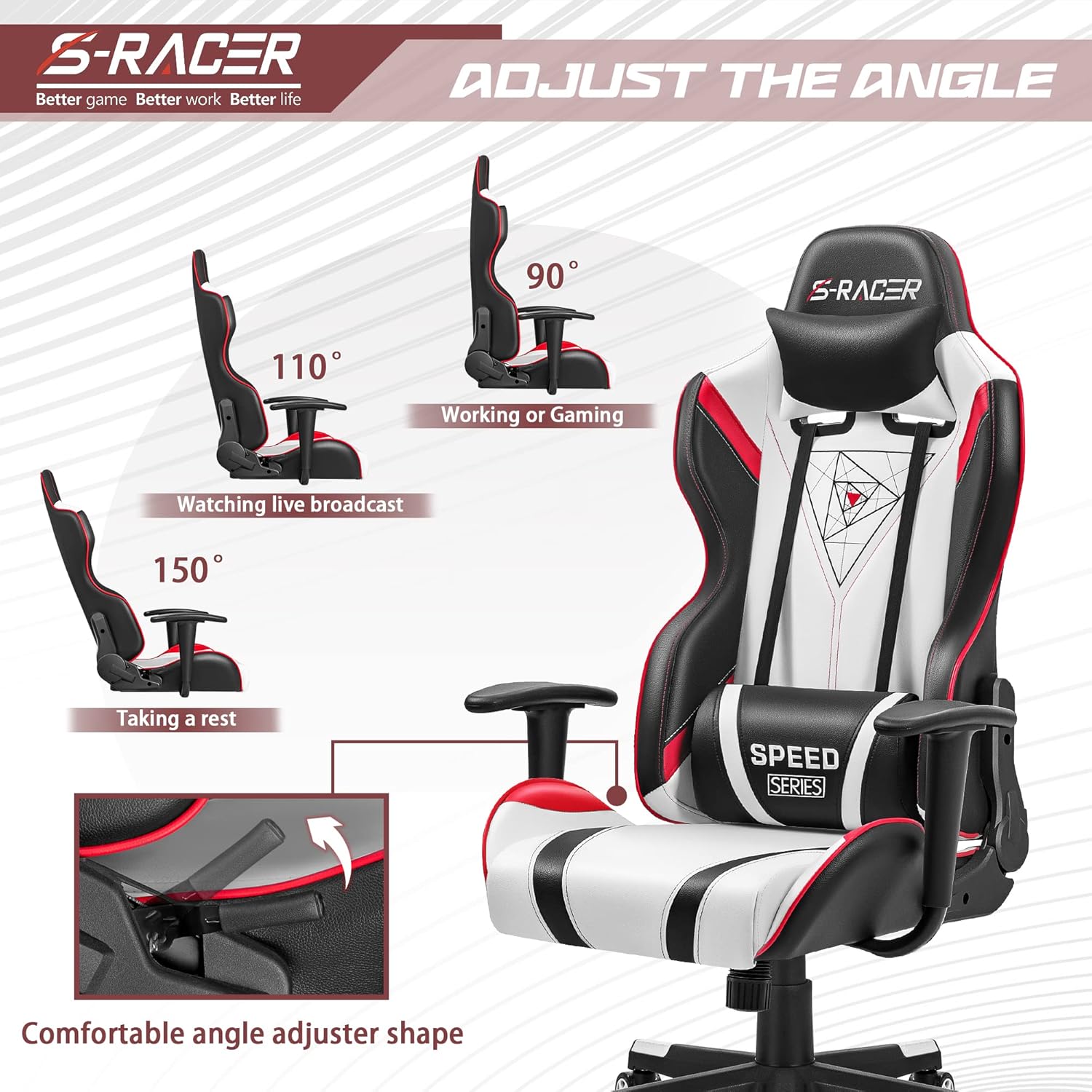 Diagram showing the Homall Gaming Chair's angle adjustment from 90 degrees for working/gaming, 110 degrees for watching, to 150 degrees for resting, with a close-up of the comfortable angle adjuster shape.