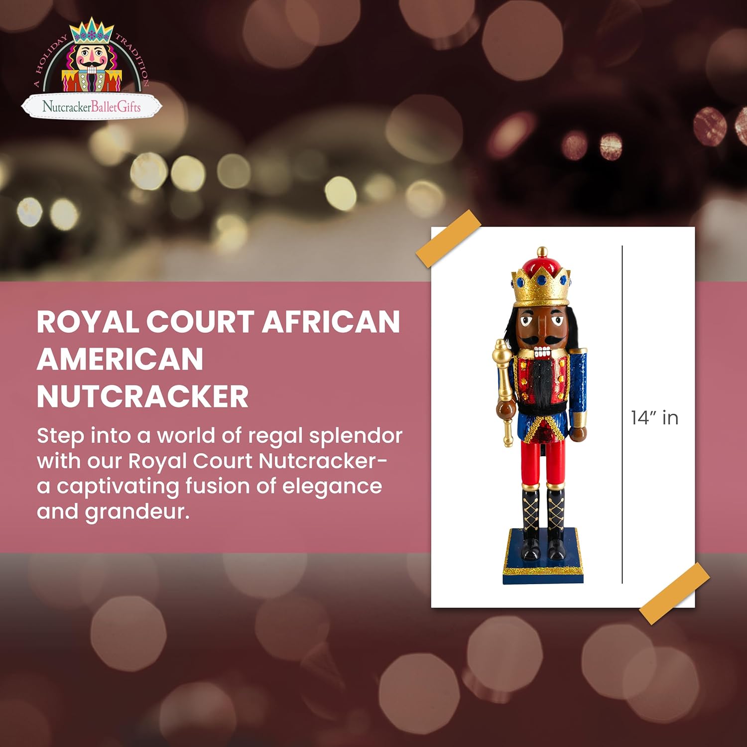 Nutcracker Ballet Gifts, King Nutcracker Christmas Ornaments, African American Wooden Figure Decoration with Metallic Red and Gold Uniform for Holiday Home Decor, Ideal Xmas Ornament, Large, 14 Inch