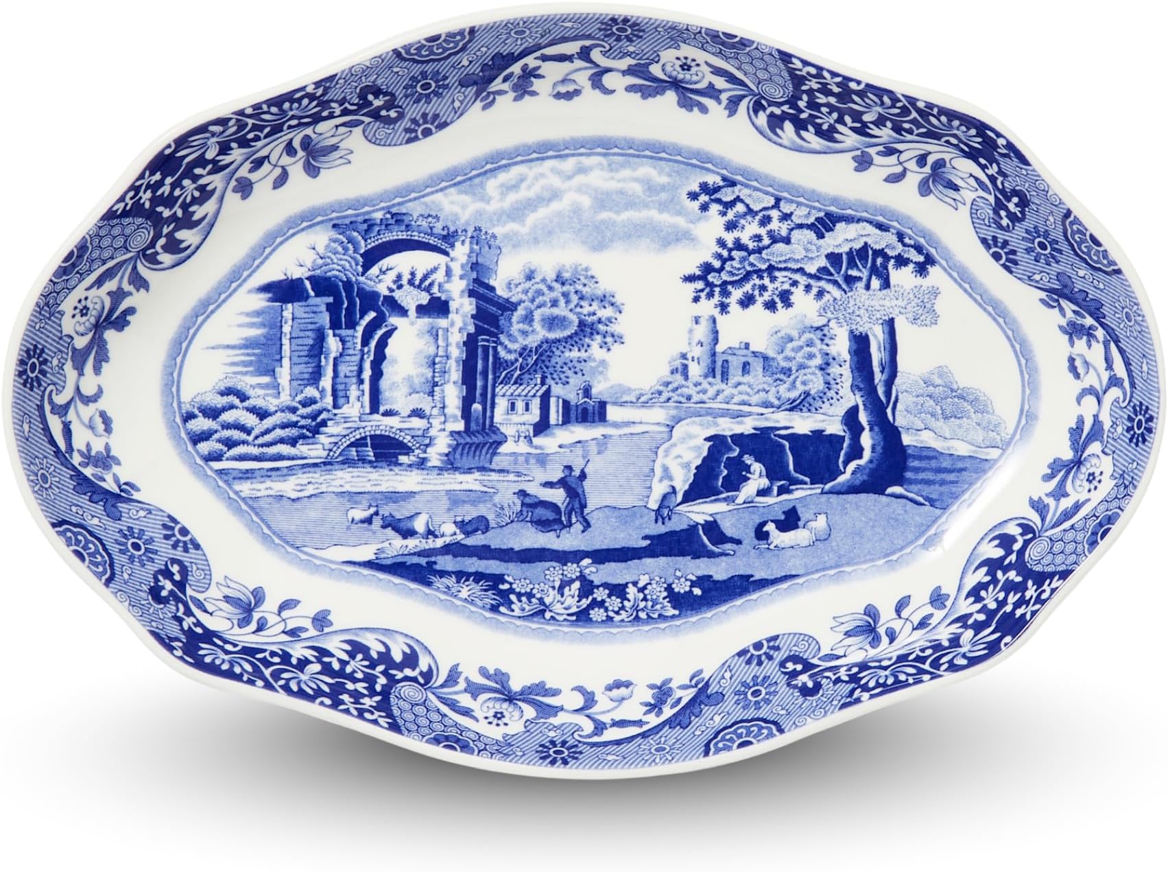 Blue Italian Pickle Dish - 8.5" Porcelain Appetizer Tray with Scroll Border & Countryside Artwork - Elegant Small Serving Piece for Entertaining & Dining Displays - Great Gift for Collectors