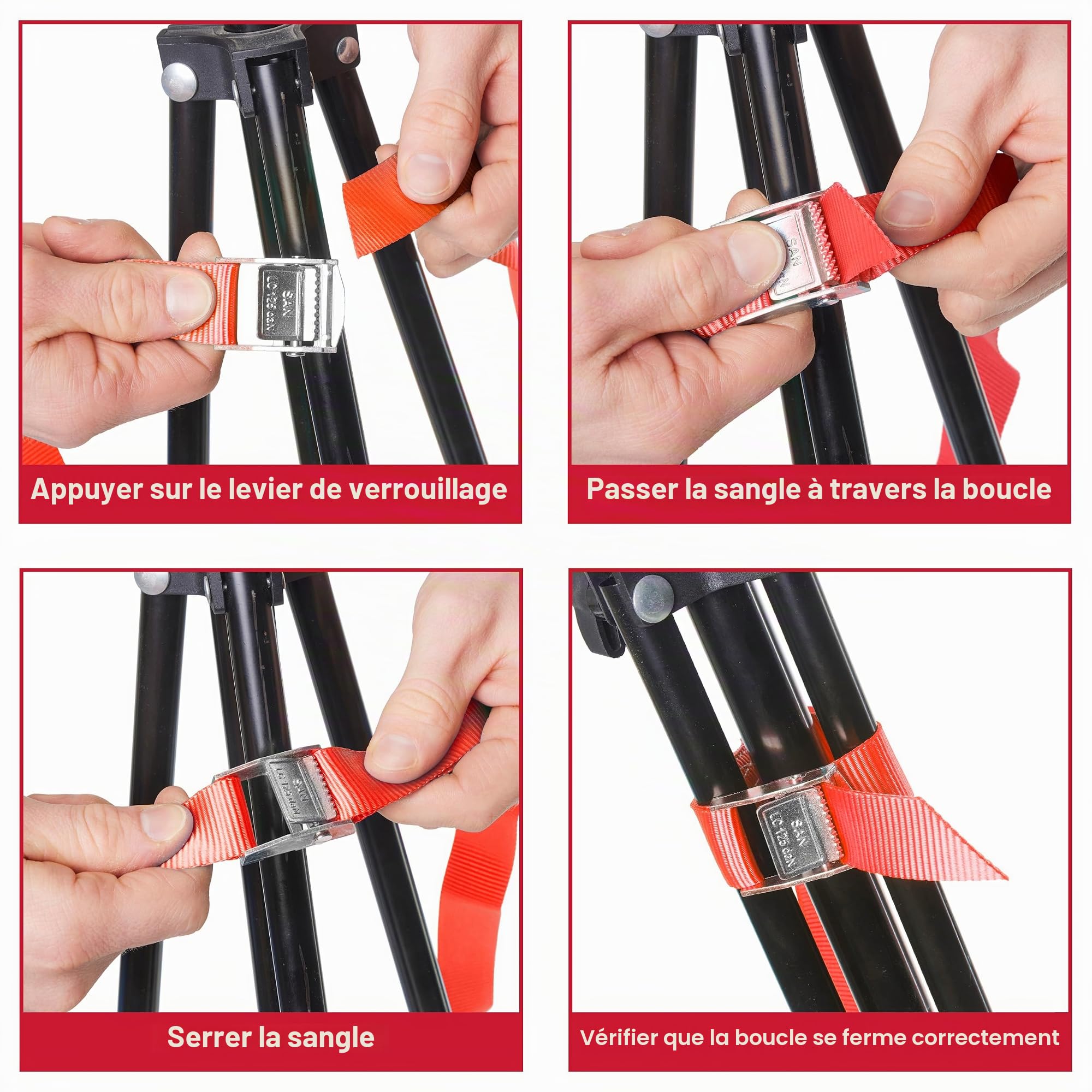 Lot de 6 Sangles d'arrimage avec Boucle, Ceinture à Blocage par Serrage, Sangles de Fixation Charge Max. 250 kg, Selon DIN en 12195-2, Longueur 3m Largeur 25mm, en Une pièce, Rouge