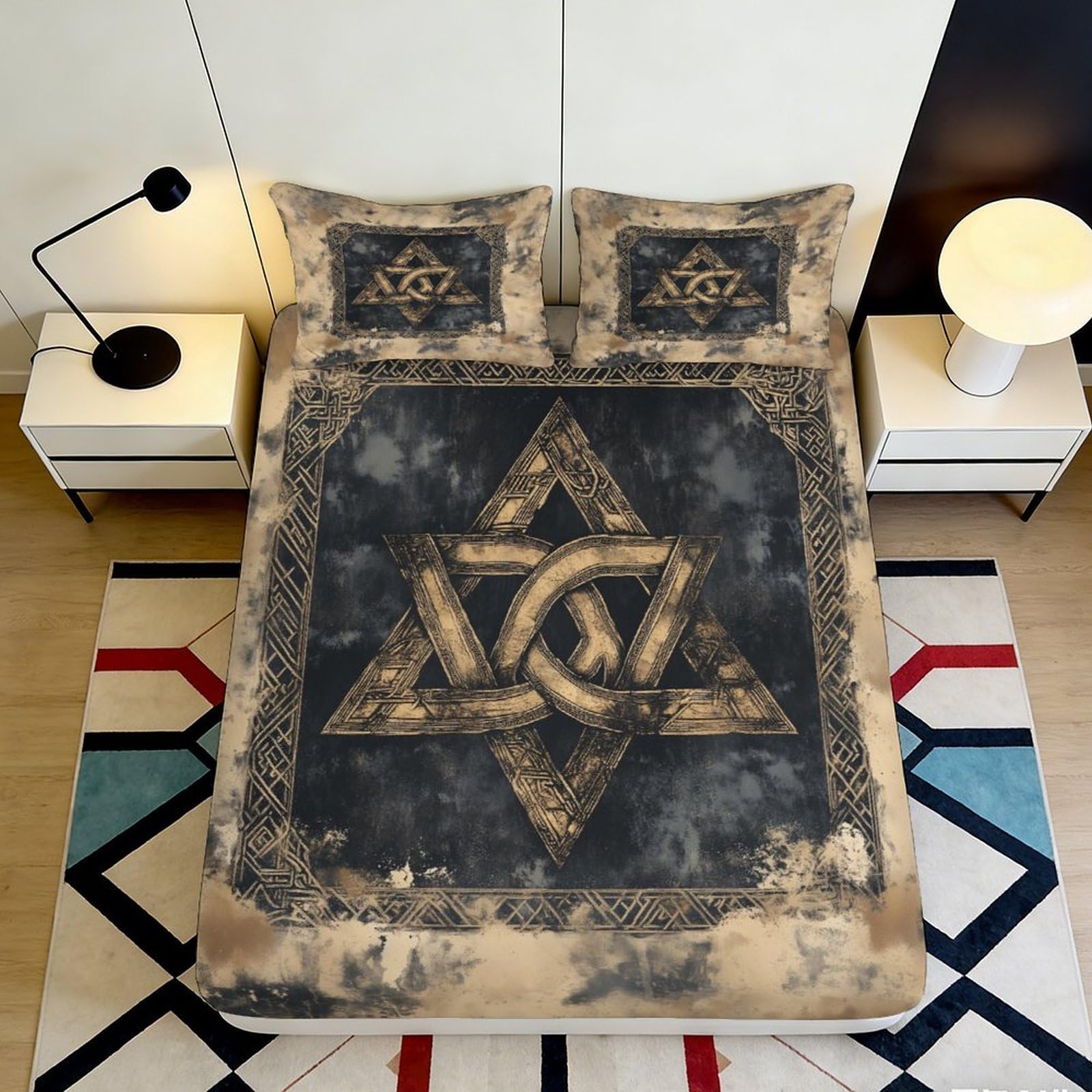 3D Printed Vintage Star Symbol Fitted Sheet Microfiber Artistic Geometric Bed Cover for Bedroom Dorm Decor 90x200x25cm