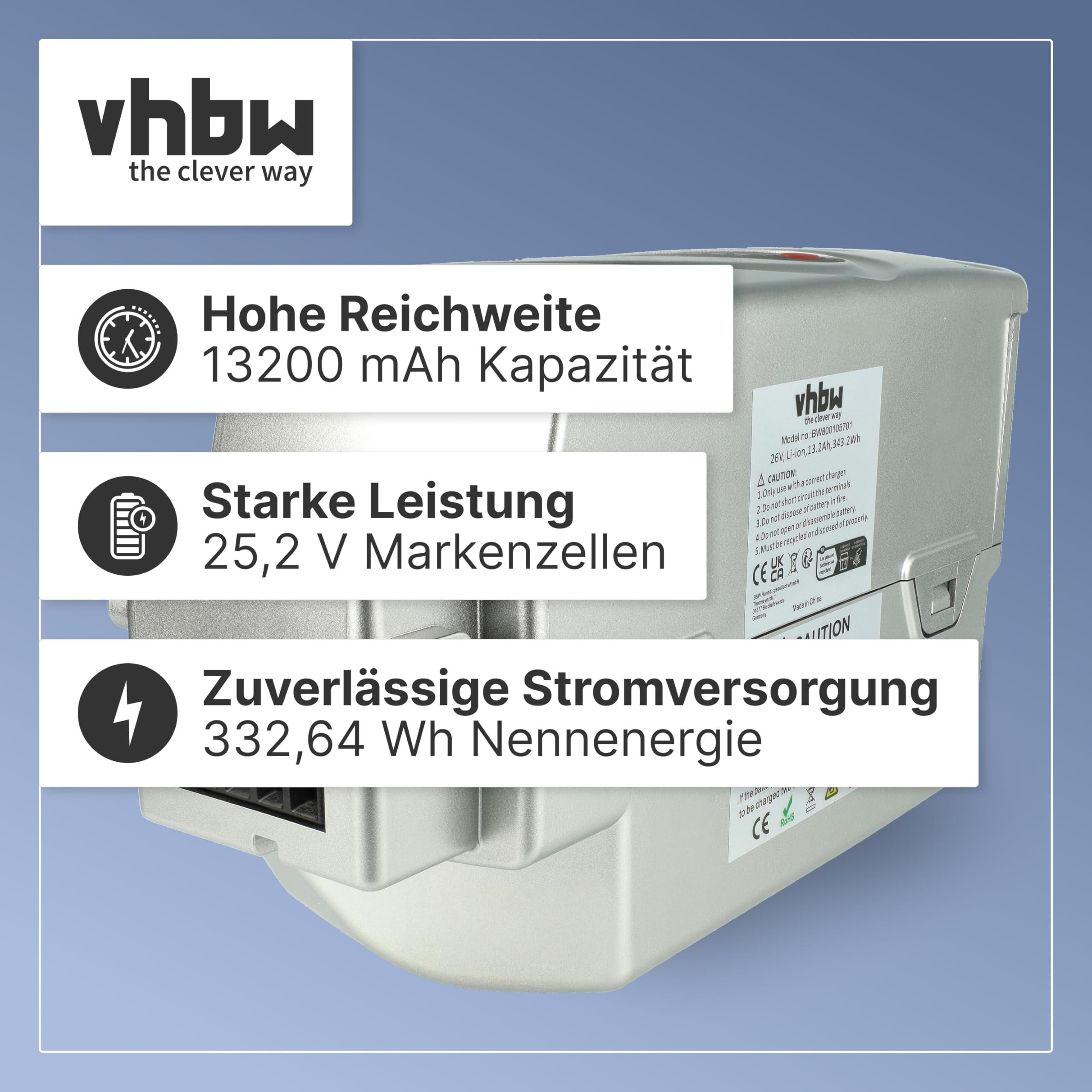 vhbw Zamiennik akumulatora do NKY265B2, NKY266B02, NKY266B2, NKY267B02, NKY267B2, NKY269B02 do roweru elektrycznego (13,2 Ah, 25,2 V, litowo-jonowy), szary