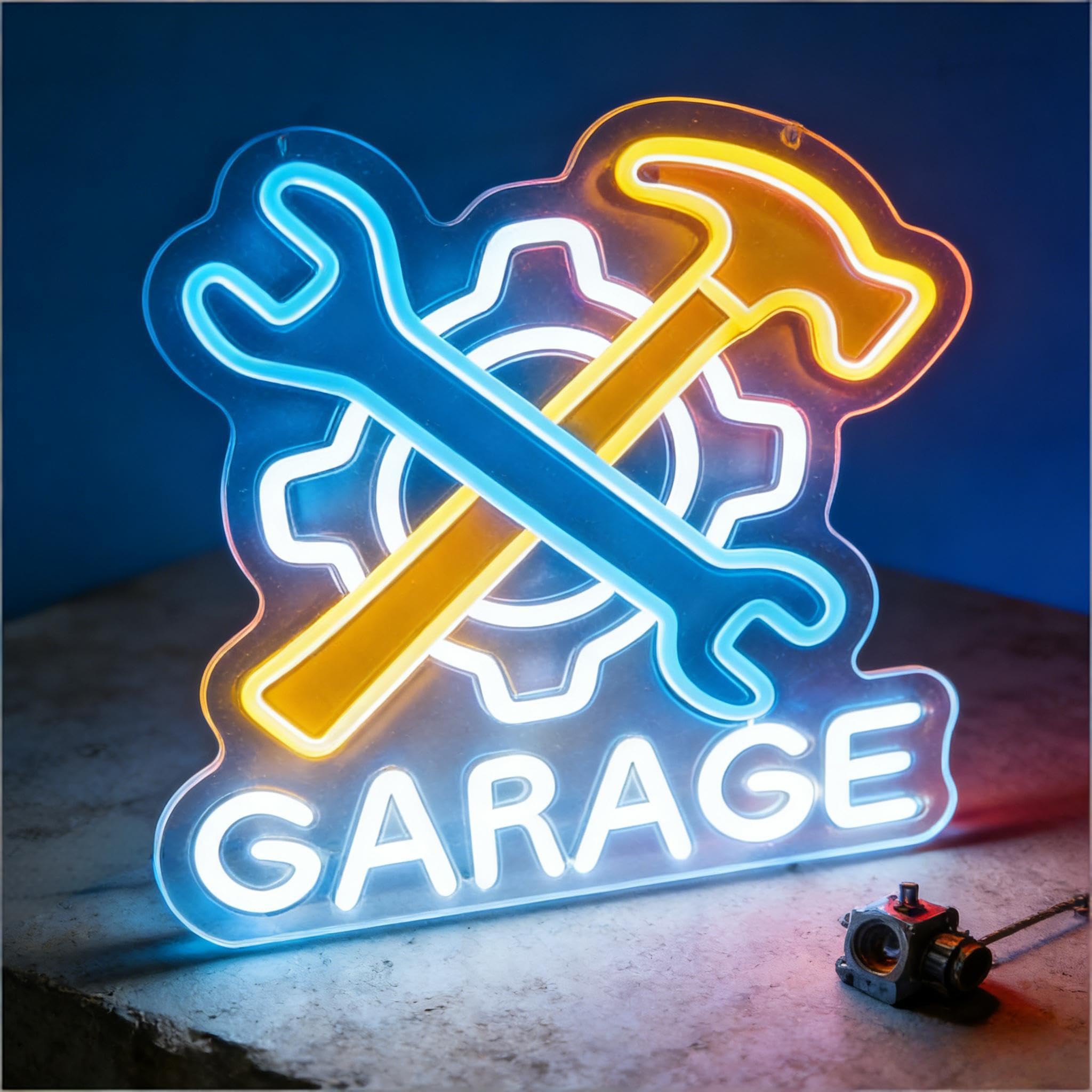 Garage LED Neon Sign, Wrench Hammer Gear Motif Accent USB Powered Decorative Neon Light for Garage Auto Shop Workshop Man Cave Wall Table Automotive Theme Decor 13.8 x 13.8 In