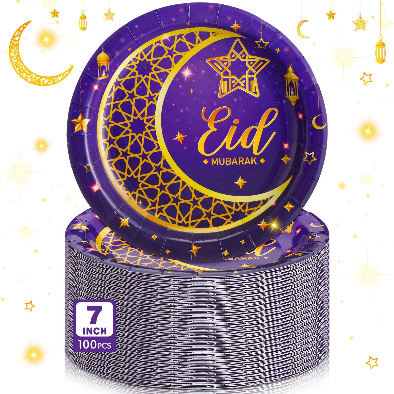 100 Pcs Eid Al Adha Islamic Party Decorations Supplies Eid Adha Muslim Paper Plate Bulk 7 Inch Disposable Dessert Plate, Mubarak Ramadan Dinner Plate Tableware Decoration(Purple and Gold)