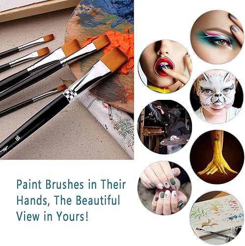 Miniatura 5 de Amagic Juego de 9 pinceles de punta plana con contenedor de almacenamiento, nailon sintético antidesprendimiento con mango largo, pincel para