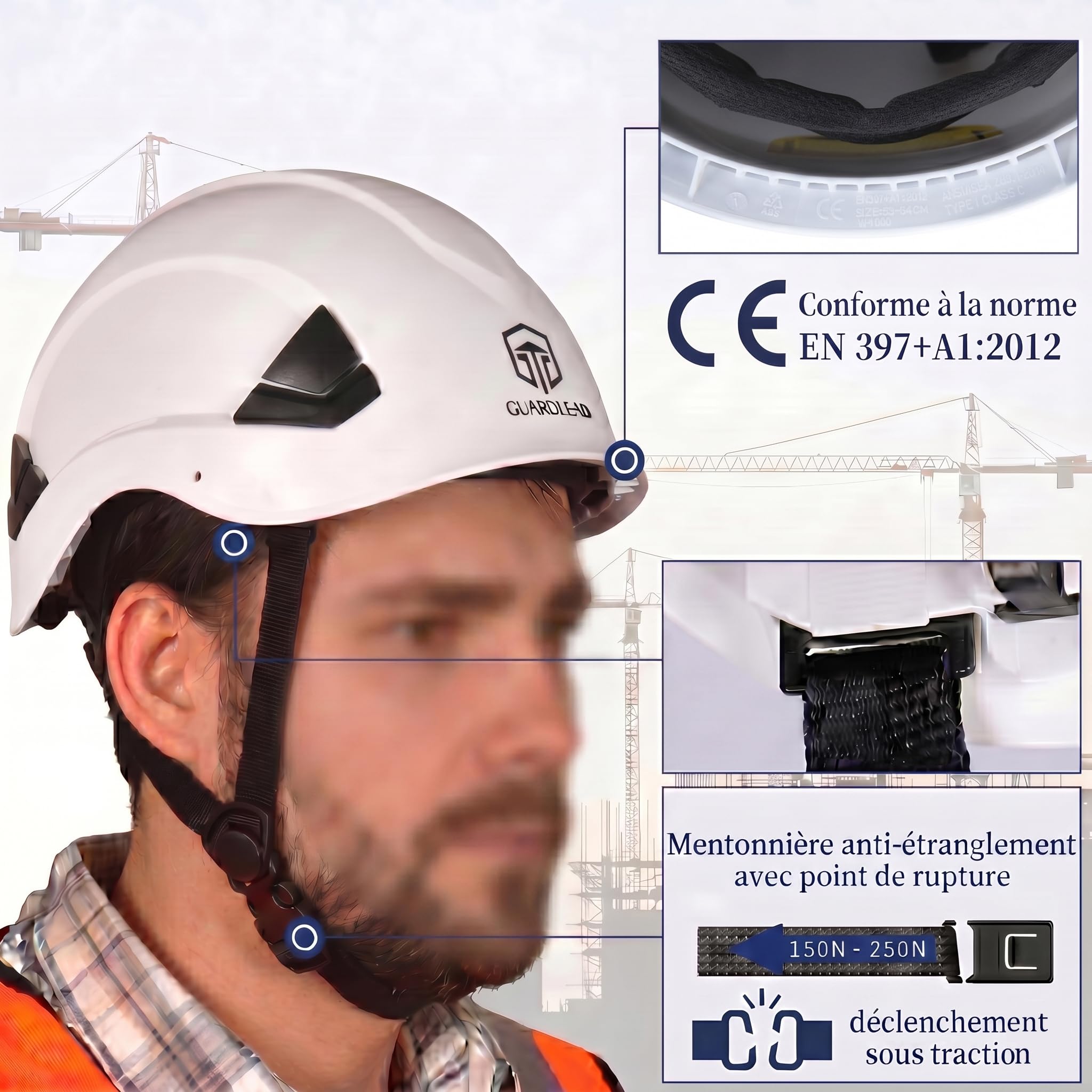 Casque de Chantier - Certifié en 397, Casque de Sécurité ABS Ventilé avec Suspension à 6 Points & Molette de Réglage (53-64 cm), pour Construction, Industrie & Travaux en Hauteur
