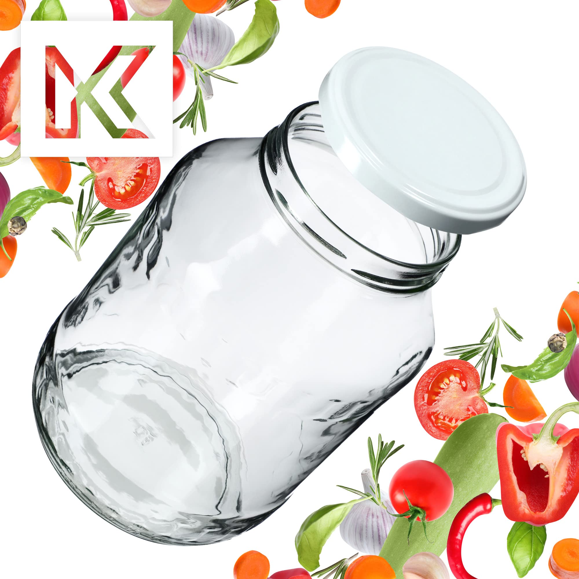 KADAX Lot de 12 bocaux de conservation ronds en verre - 1,7 l - Diamètre : 89 mm - Avec couvercle à visser - Blanc