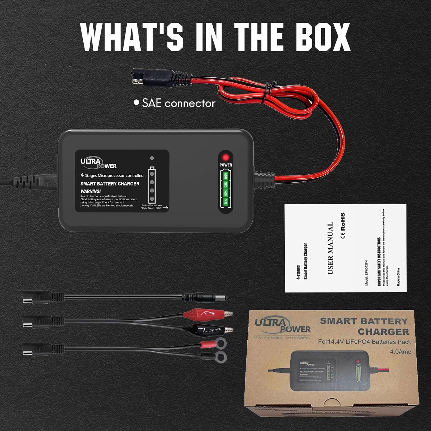 ULTRAPOWER 14.6V 4A LiFePO4 Battery Charger,Smart Lithium Battery Charger with 4LEDs Indicator for Cars,Motocycles,Golf Trolley,UAV,Fishing Boat and Lithium Deep Cycle Batteries(ETL Listed)